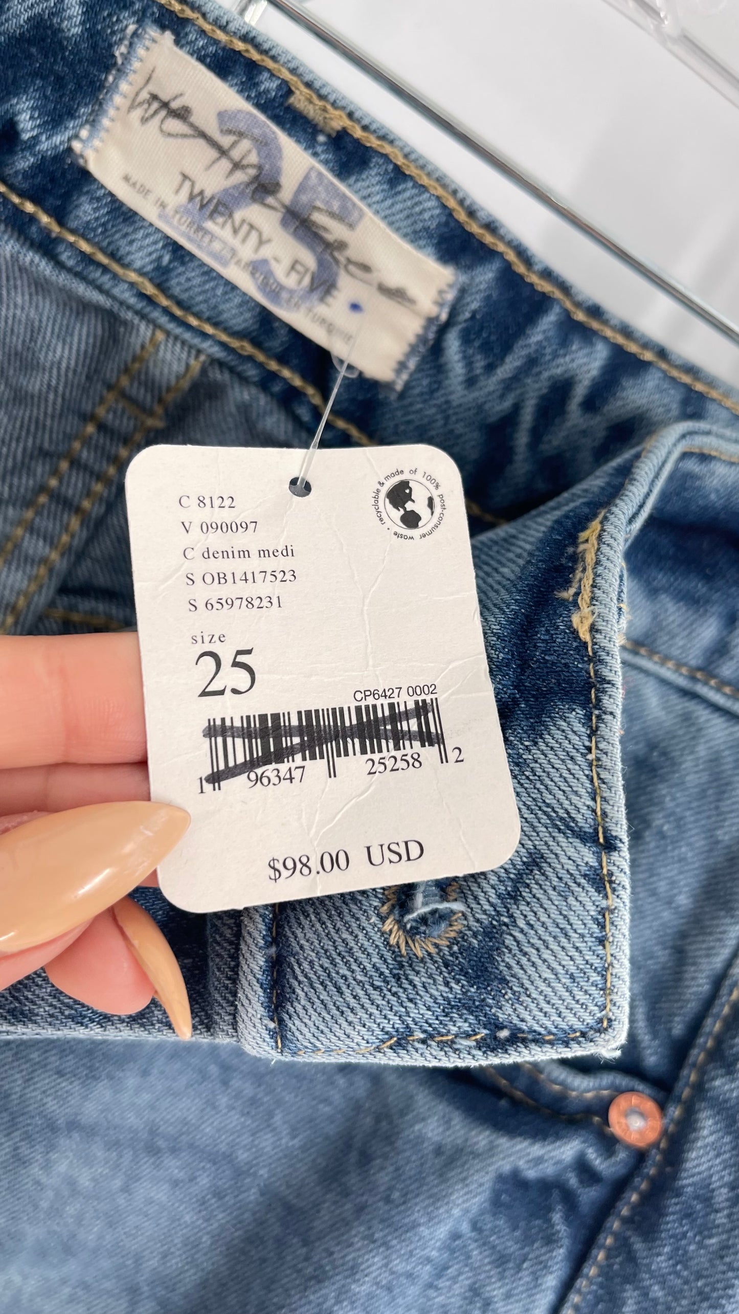 Free People Light Wash Straight Leg Jeans with Distressed Hem, Double Pockets and White Paint with Tags Attached (25)