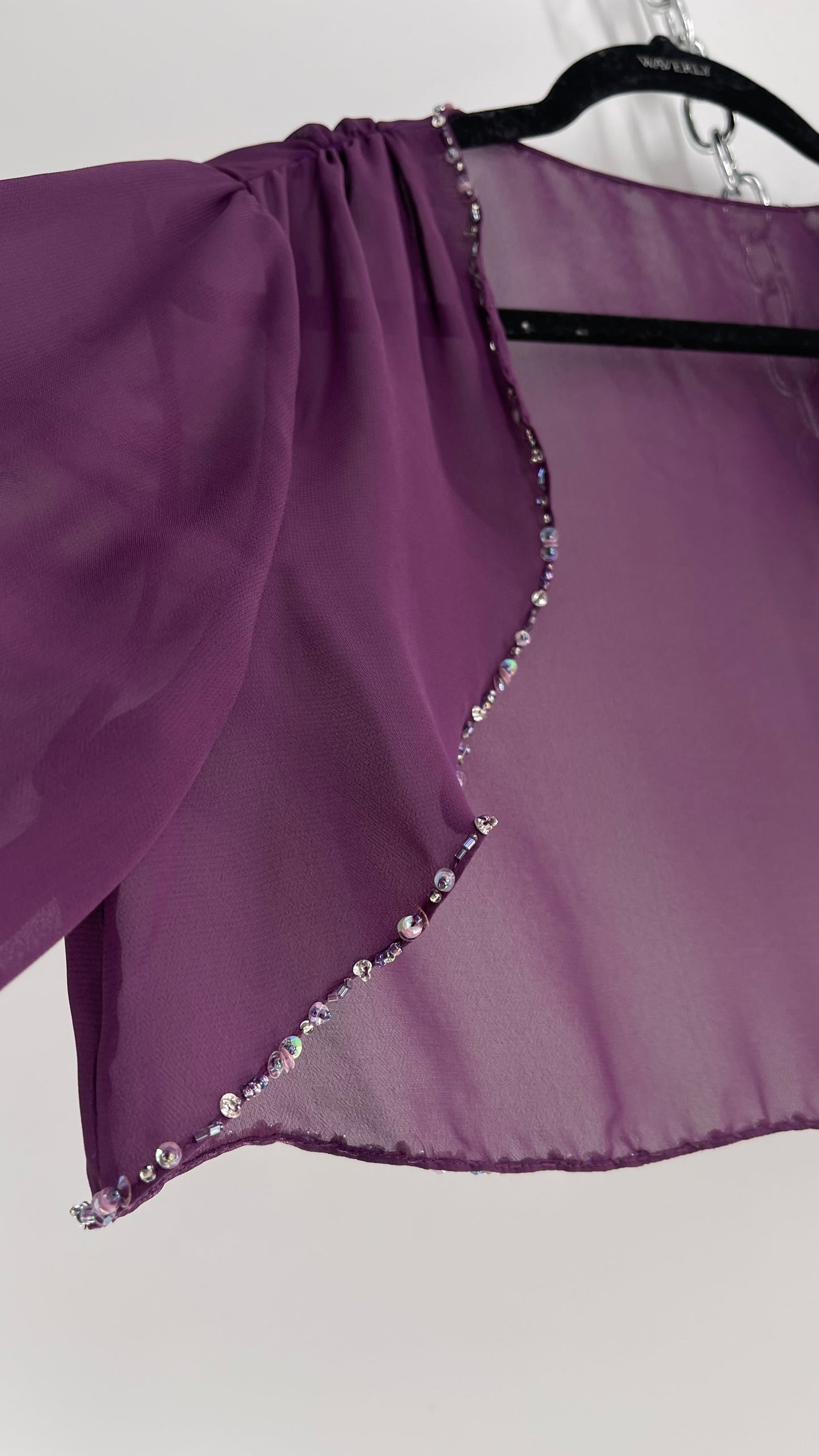 Vintage 1990s Purple Sheer Shrug with Iridescent Beaded Cuffs and Hem (M/L)