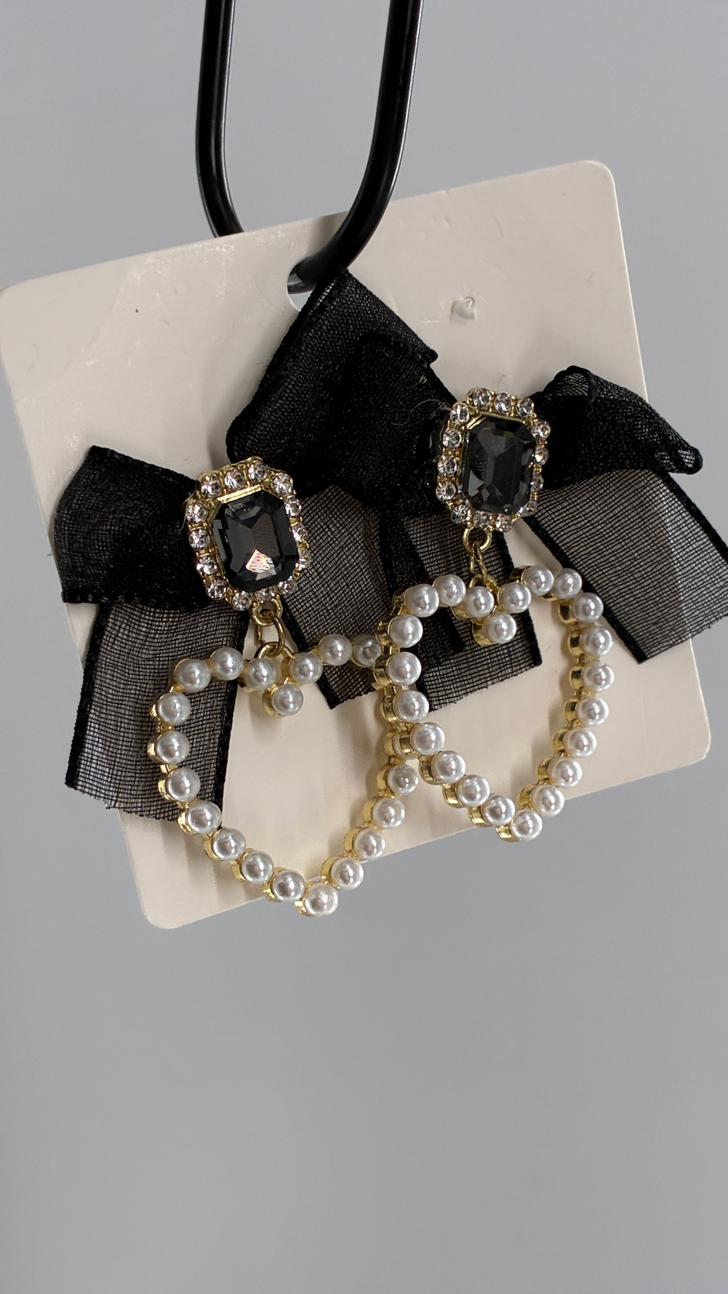 Pearl Lined Heart Earrings with Black Ribbon Bows