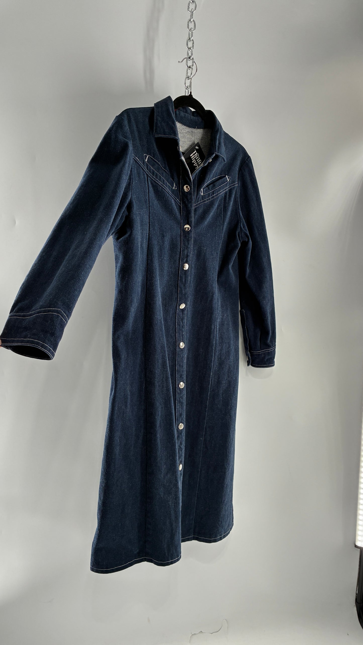 Vintage Dark Wash Denim Long Sleeve Collared Midi Dress with Contrast White Stitching (M/L)