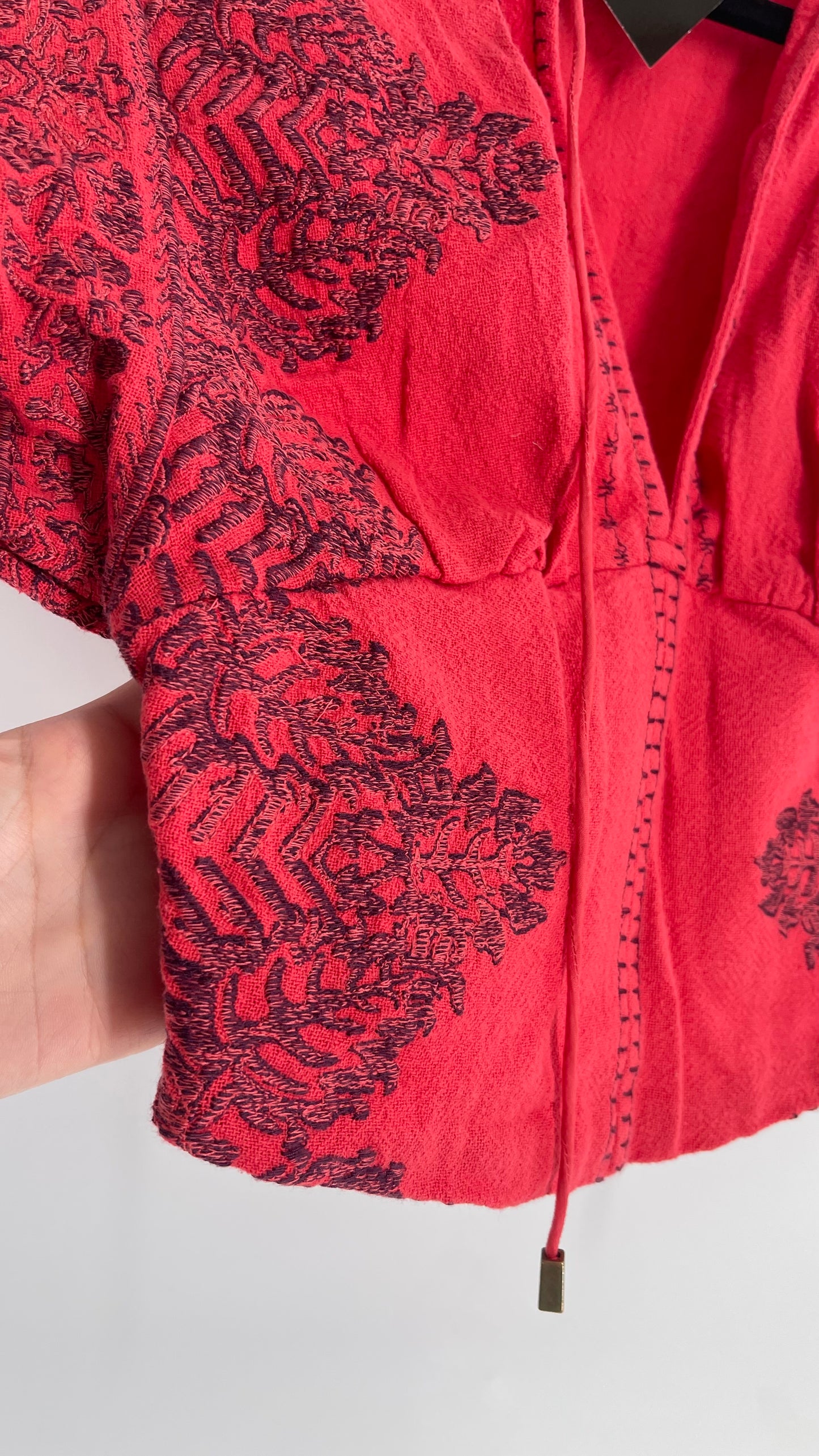 Free People Coral Red Puff Sleeve Top with Heavy Embroidery (XS)