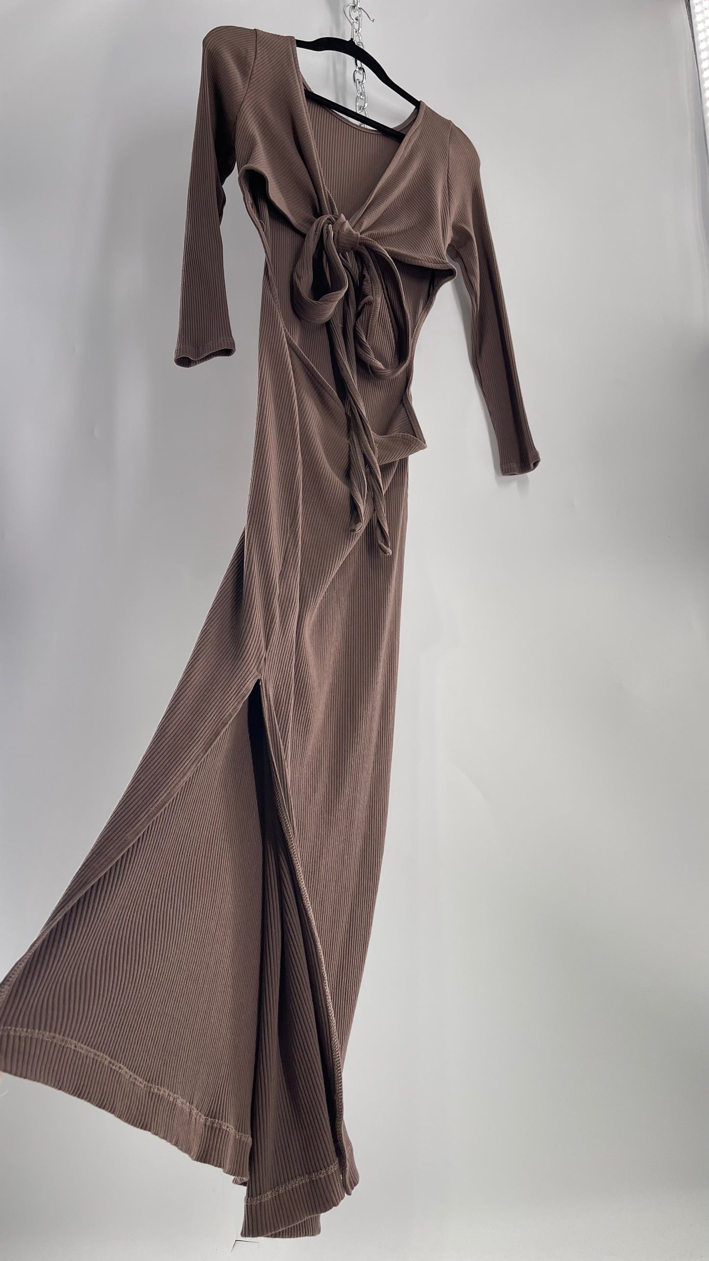 Free People Brown Ribbed Maxi Dress with Low Open Back and Dramatic Tie Detail (Large)