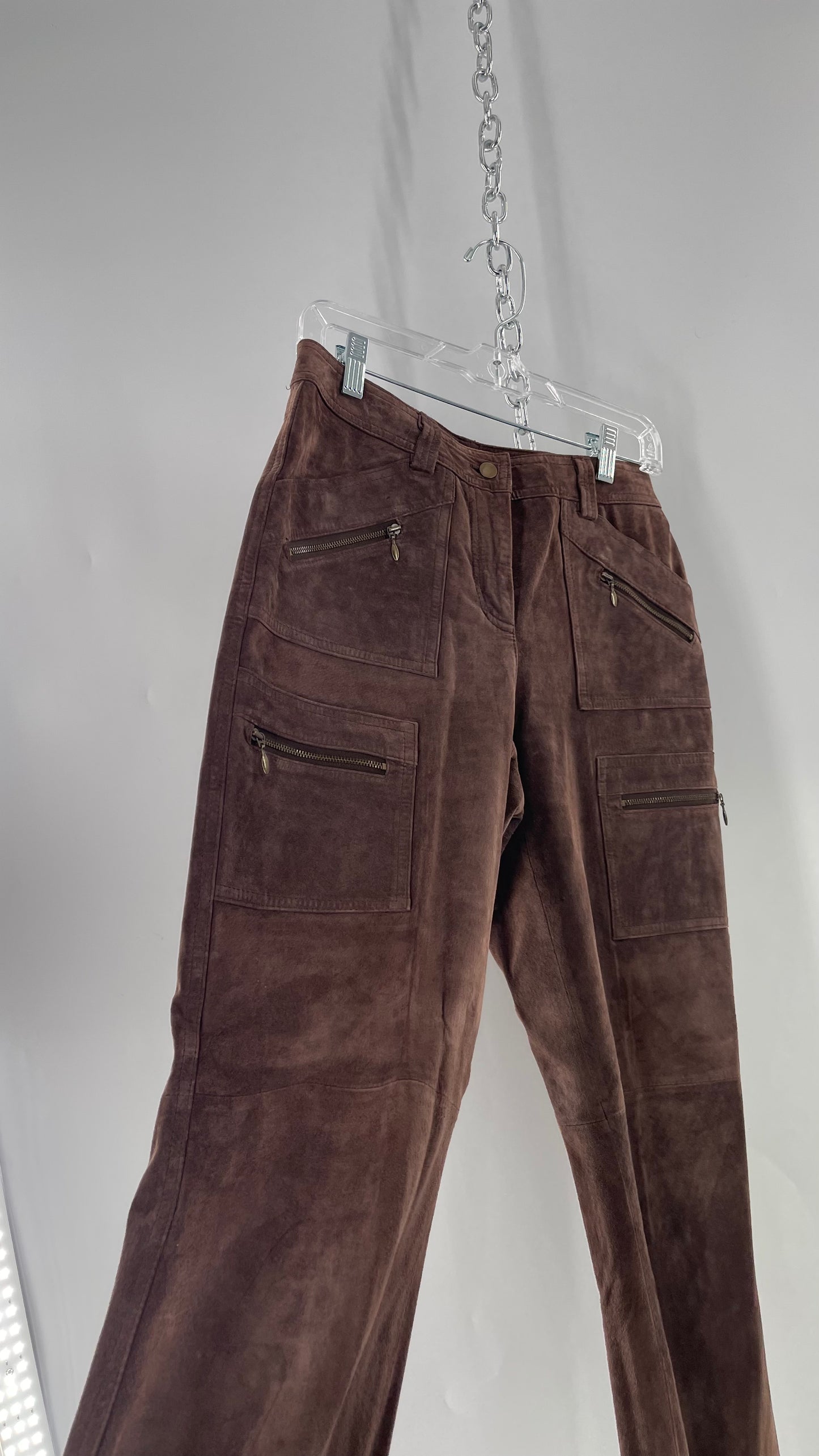 Vintage Context Petit Brown Suede Straight Leg Cargos with Pockets and Bronze Zippers (8P)