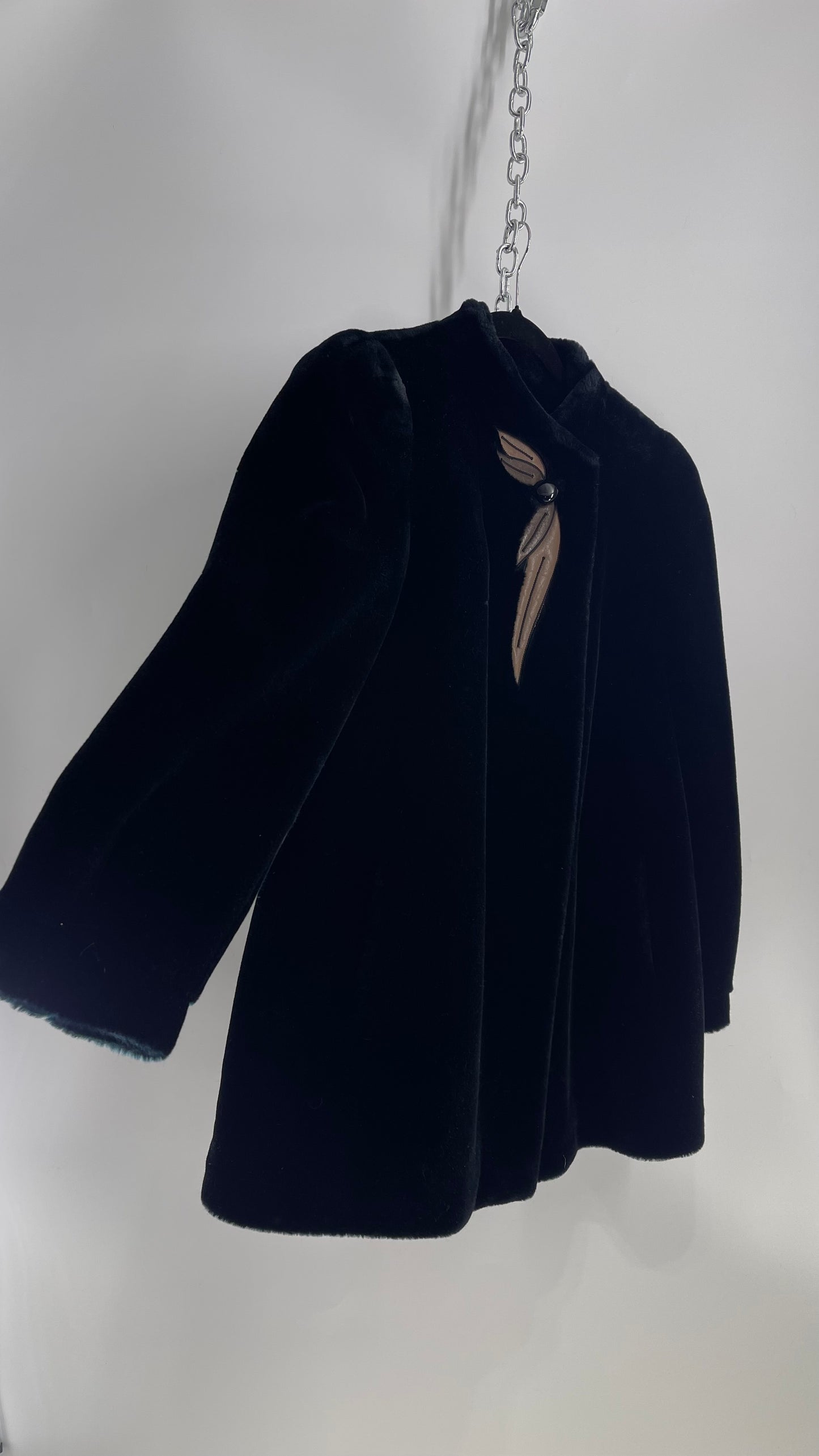 Vintage SASSON Black Faux Fur Coat with Embroidered Leather Patch Detail (Small)