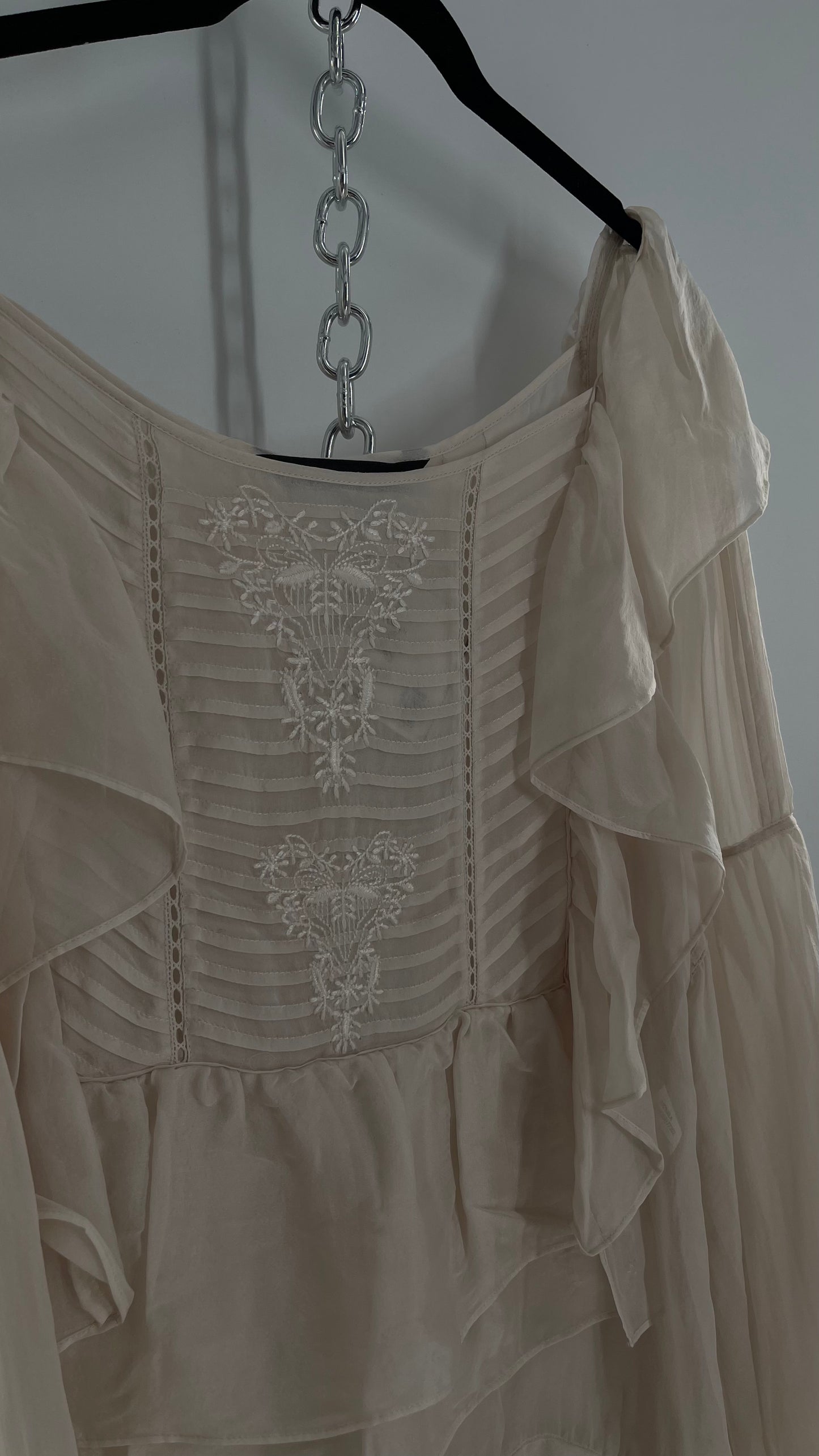 ZARA Ruffled and Embroidered Bell Sleeve Blouse (Large)