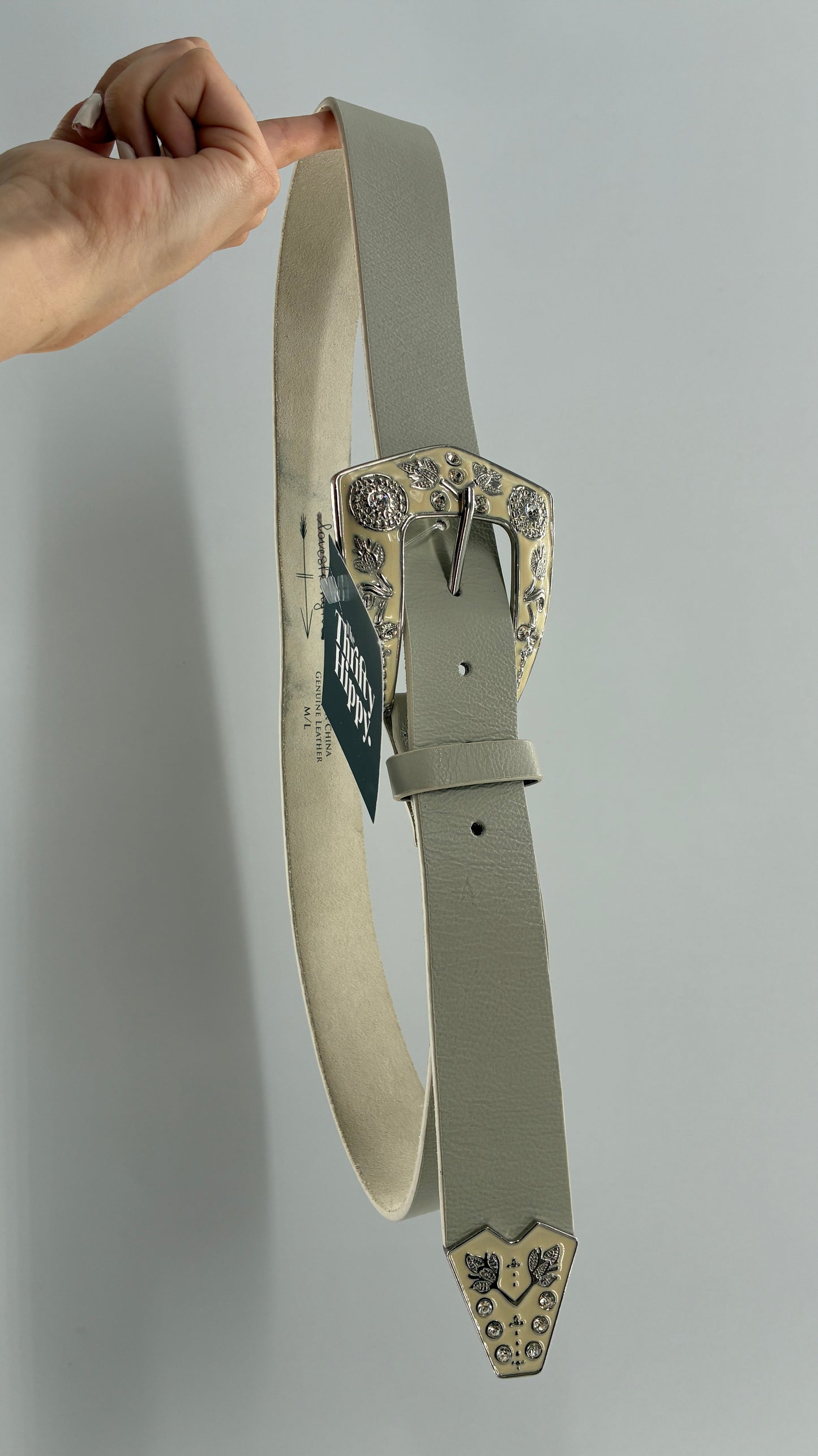 LoveStrength Anthropologie Off White Leather Belt with Oversized Dramatic Buckle (M/L)