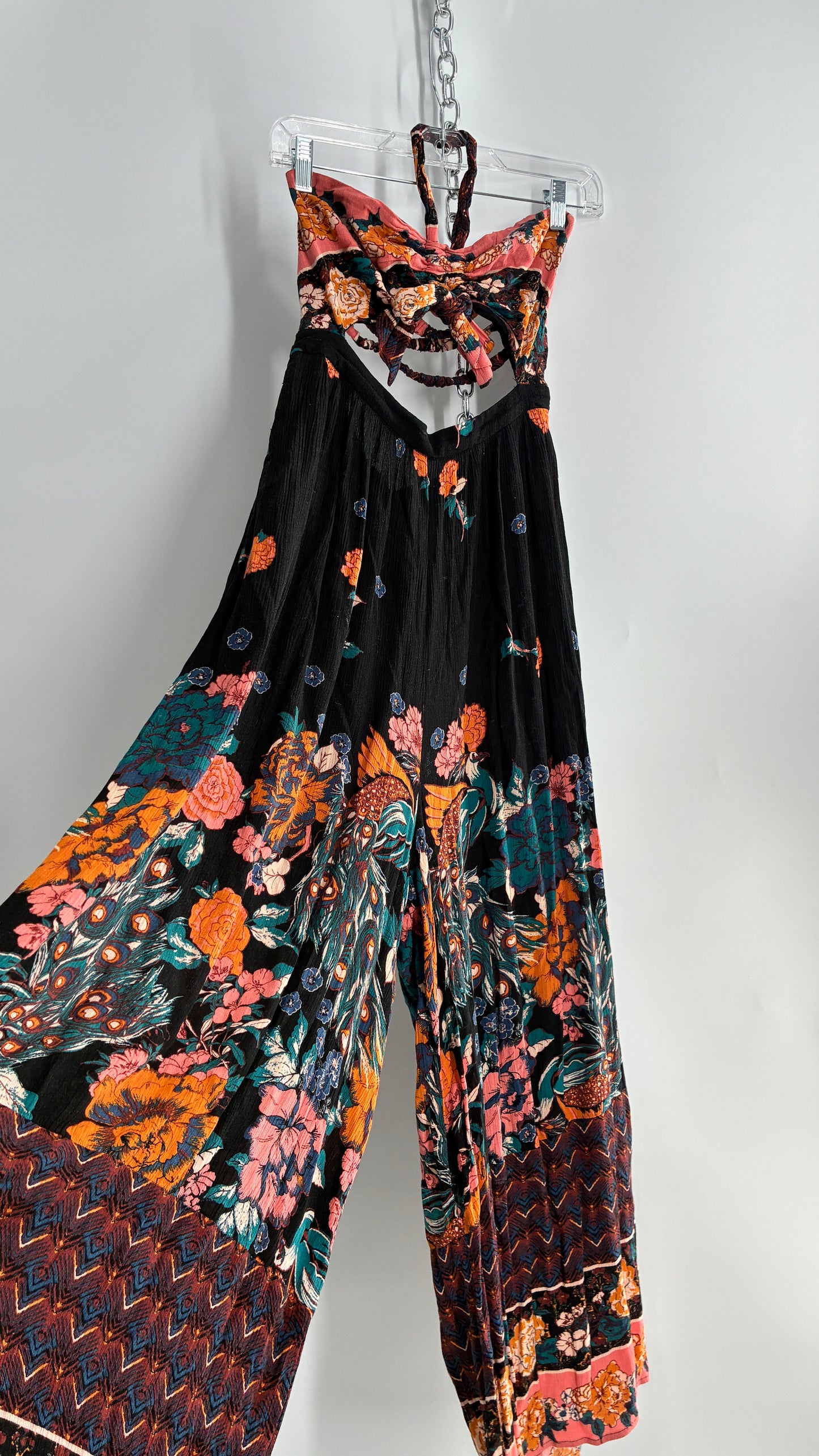 Free People Wide Leg Black Jumpsuit with Contrast Florals (Small)