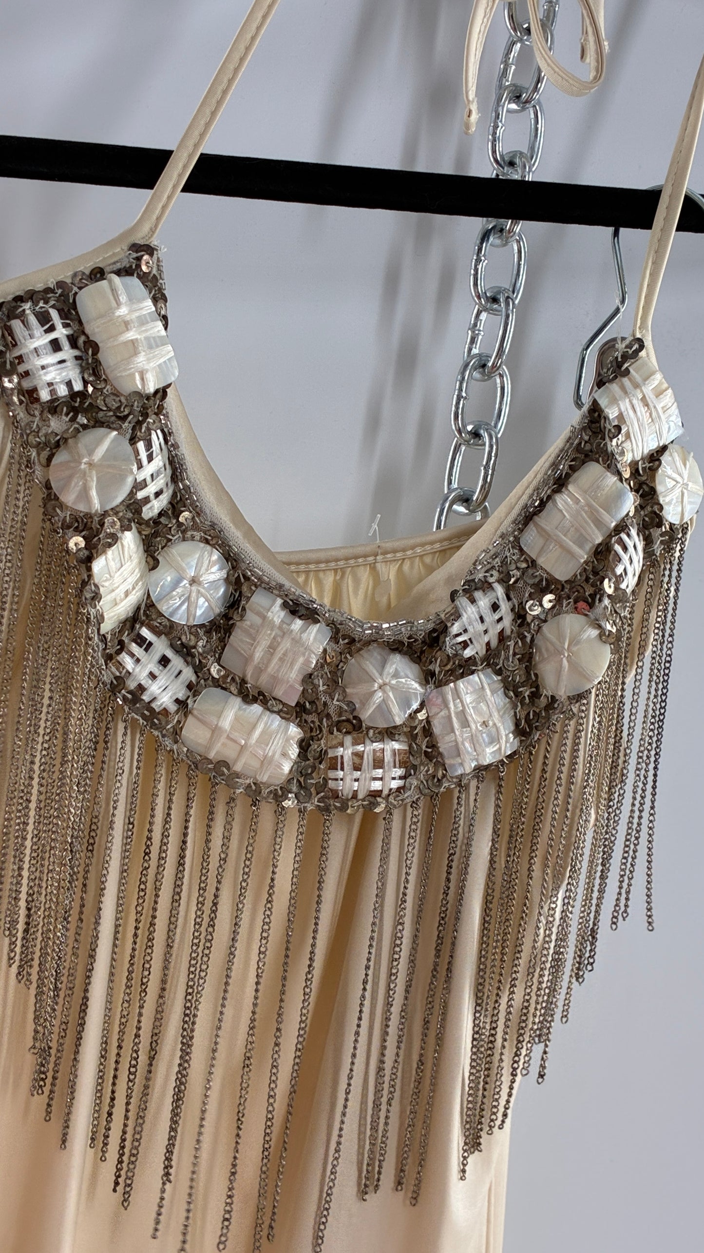 Beach Bunny Ivory Lycra Balloon Hem Mini Dress with Exaggerated, Beaded and Metal Chain Neckline (Small)