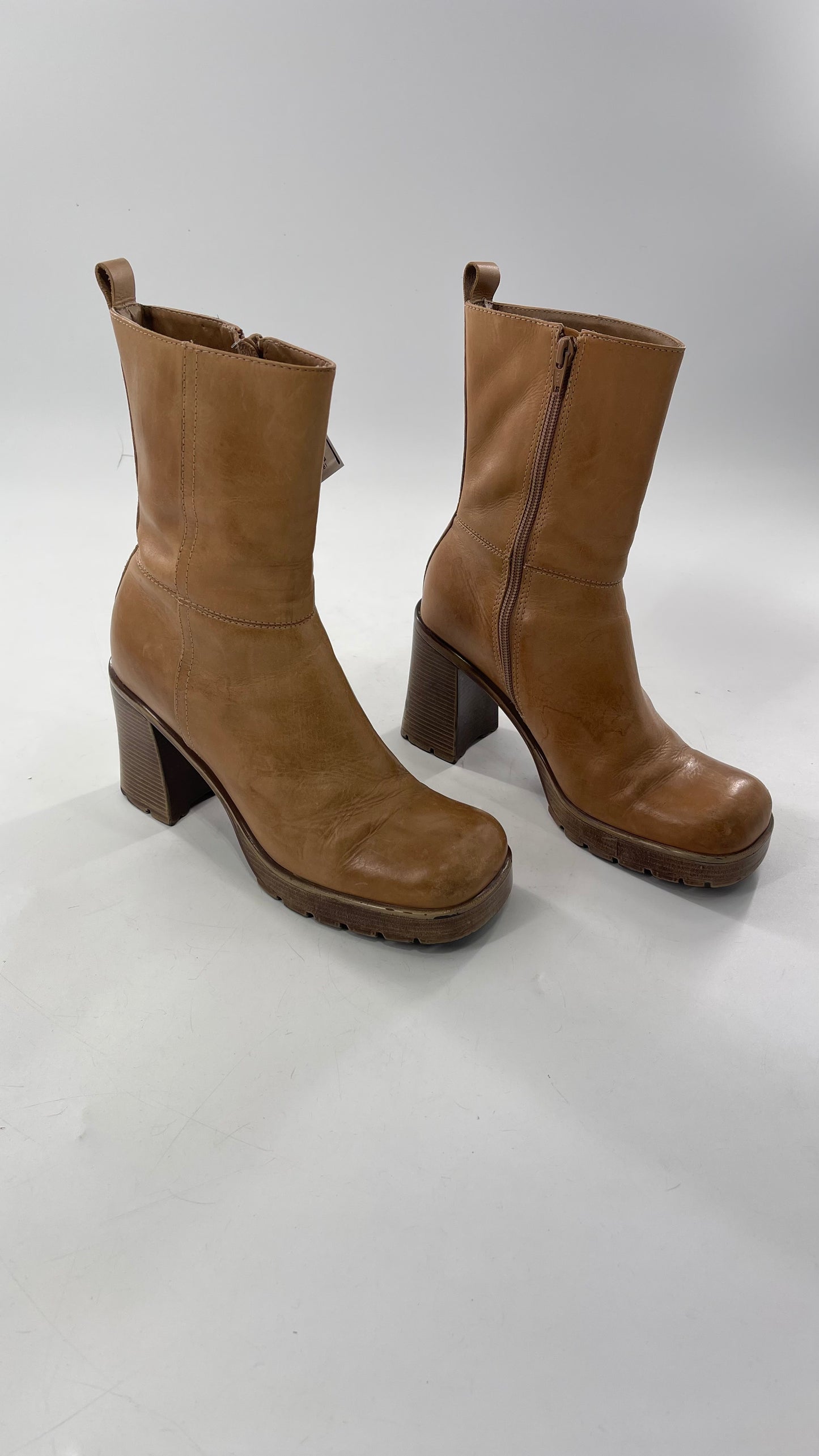 Vintage 90s Steve Madden Tan Leather Funky Square Toe Boot with Platform and Chunky Heel
