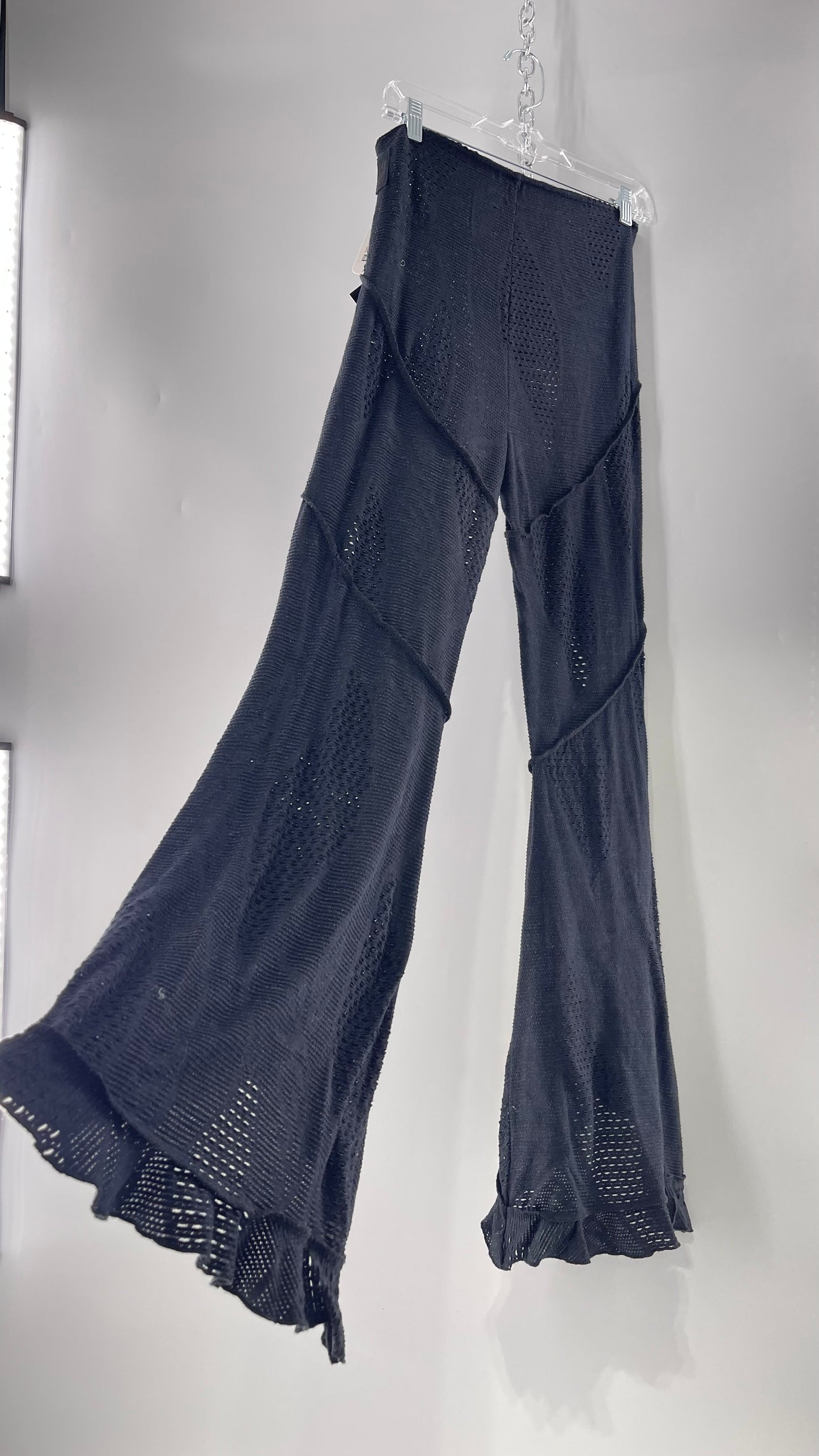 Free People Black Midnight Grey Mixed Pattern Kickflares with High Low Hem, Exposed Seams and Distressing Tags Attached (Medium)