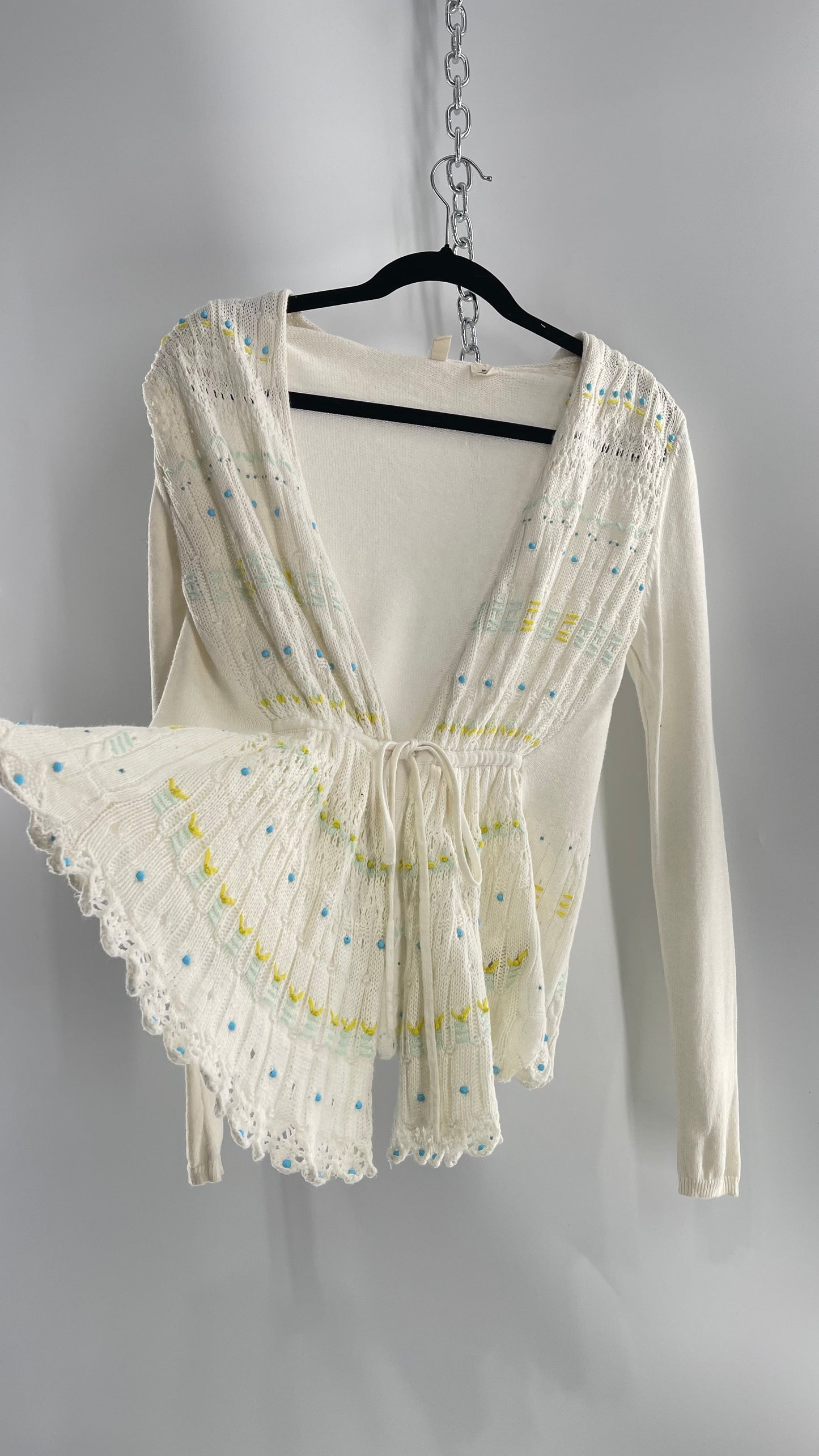 MOTH Anthropologie Beige Knit Tie Bust Sweater with Embroidered Daisies and Delicate Beading (Small)