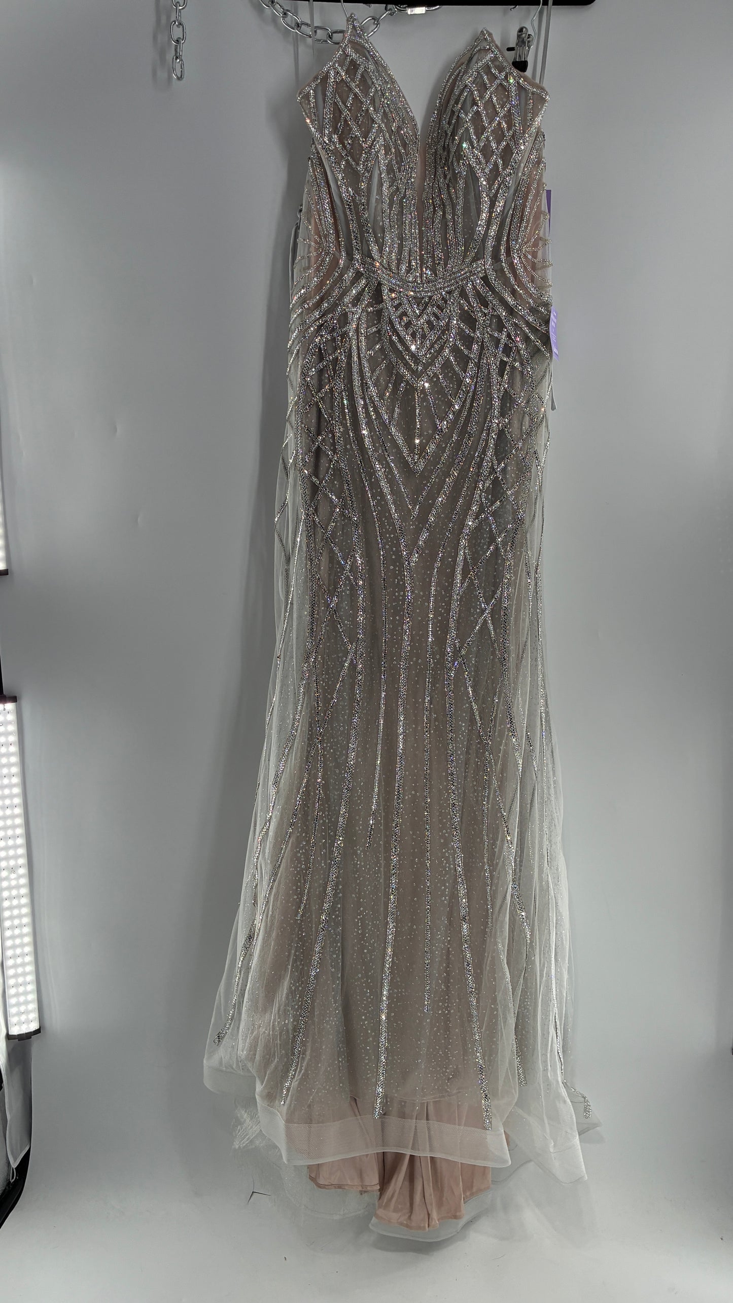 NWT LADIVINE by Cinderella Divine Silver Nude CC6018 Mermaid Corseted Gown with Multiple Layers of Tulle, Covered in Crystal Strips (16)
