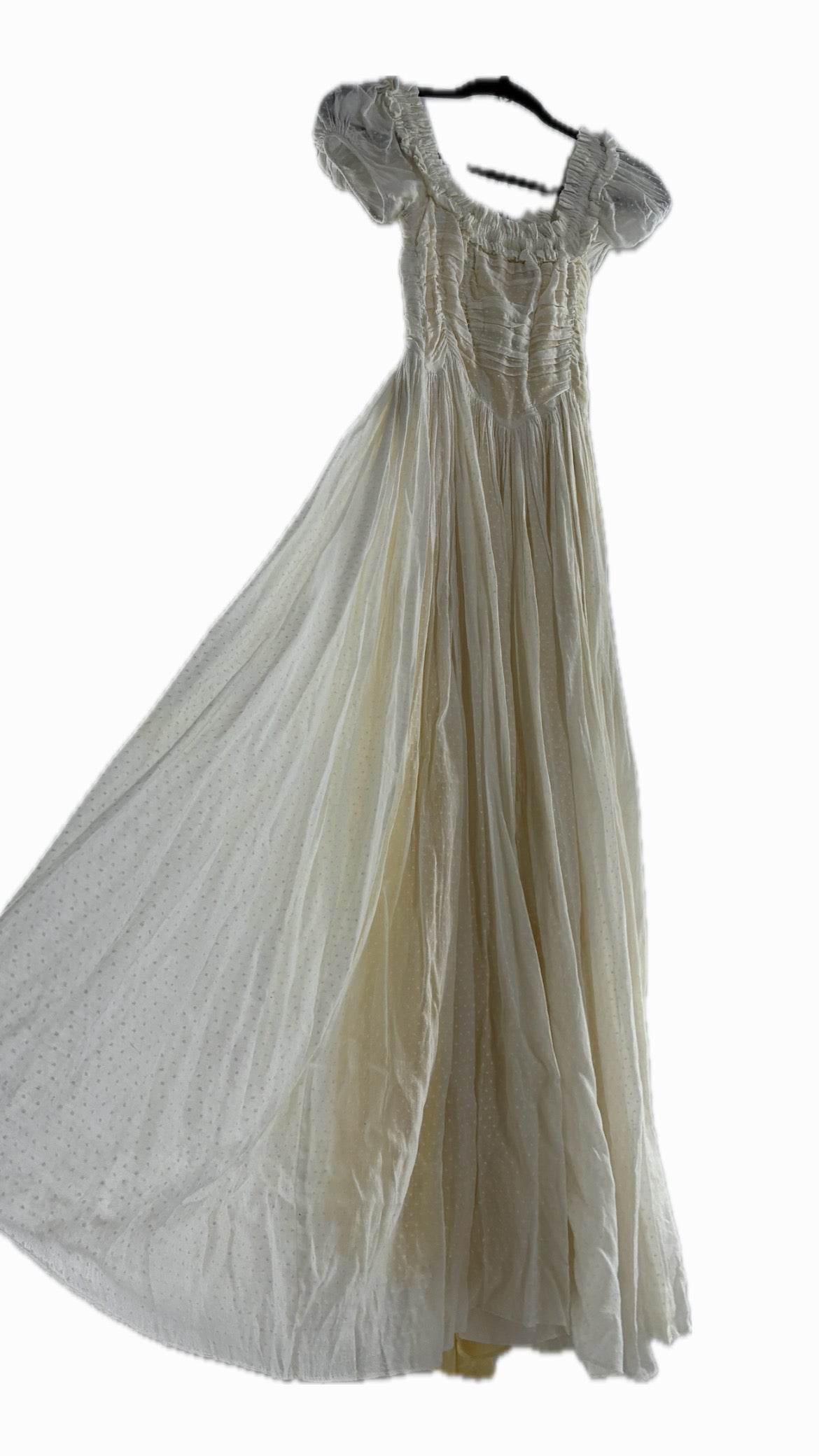 Vintage 1970s Off White Cotton Handmade Maxi Dress with Ruched Bodice, Puff Sleeves, and Polka Dot Texture (XS/S)