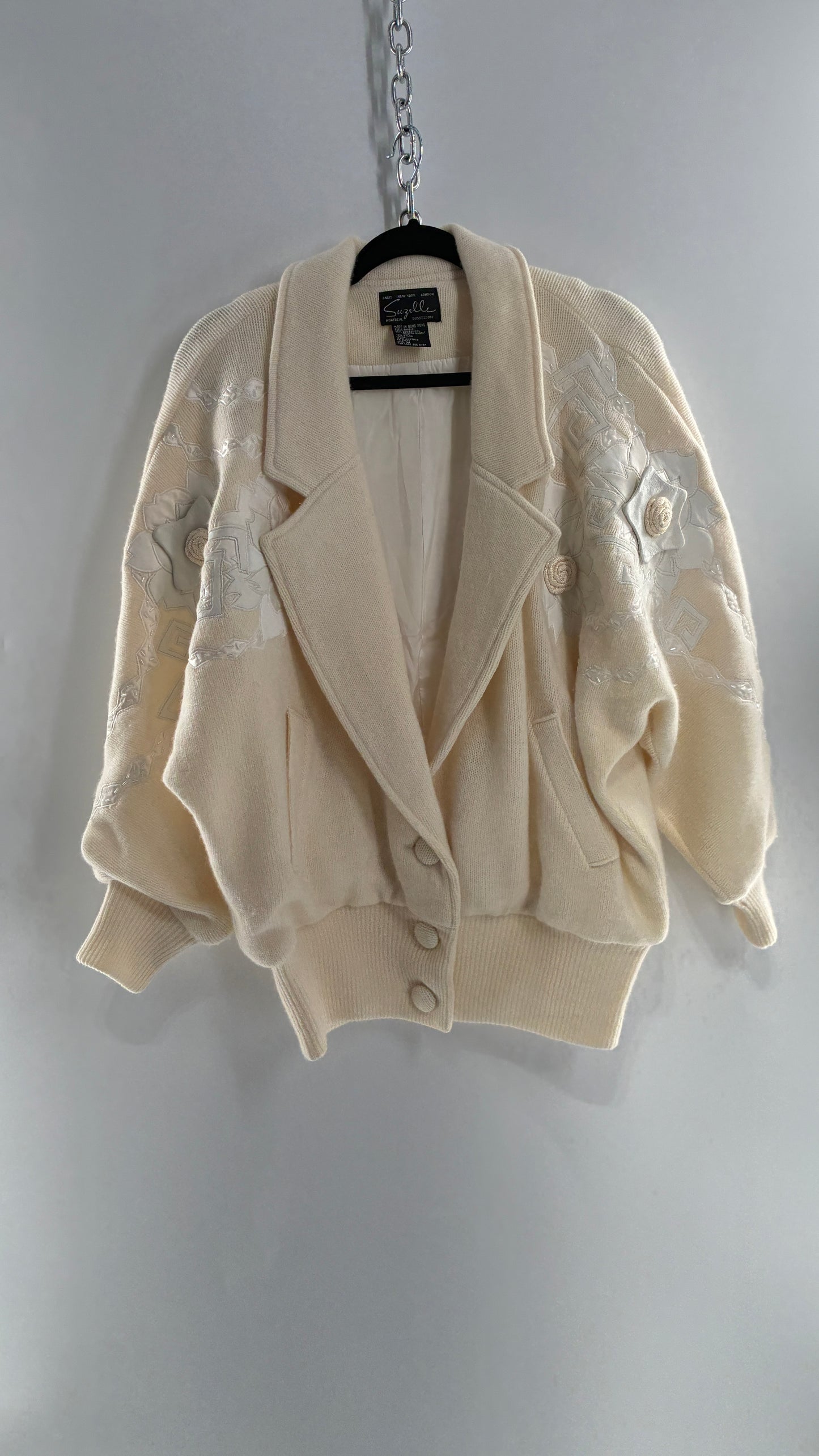 Vintage SUZELLE 70% Lambswool, 20% Angora Rabbit Off White Woven Bomber Jacket with Leather Flower Appliqués (Medium)