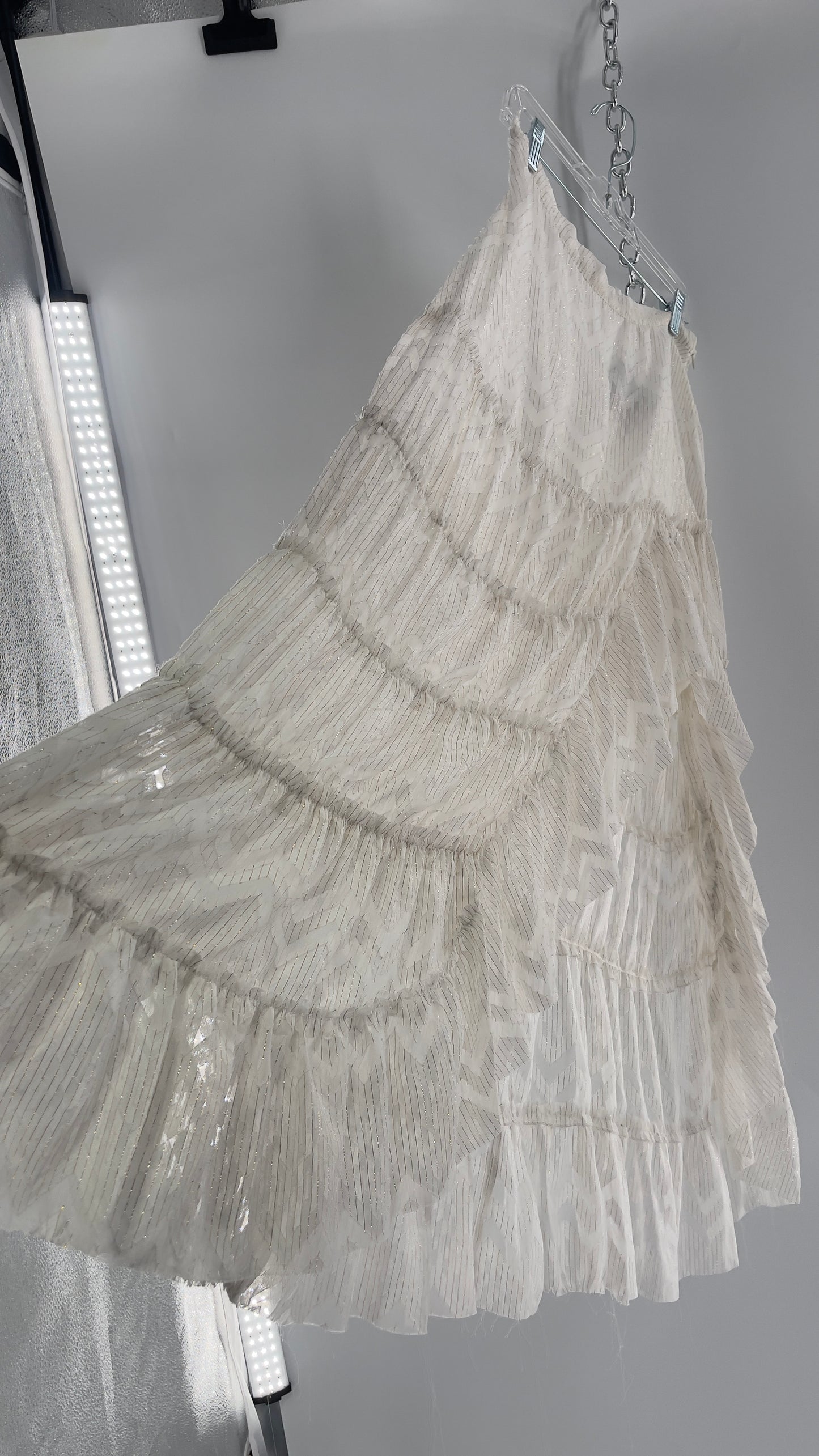 Free People Raw Edge Hem White Gold Tinsel Skirt with Ruffle Side Slit (Small)