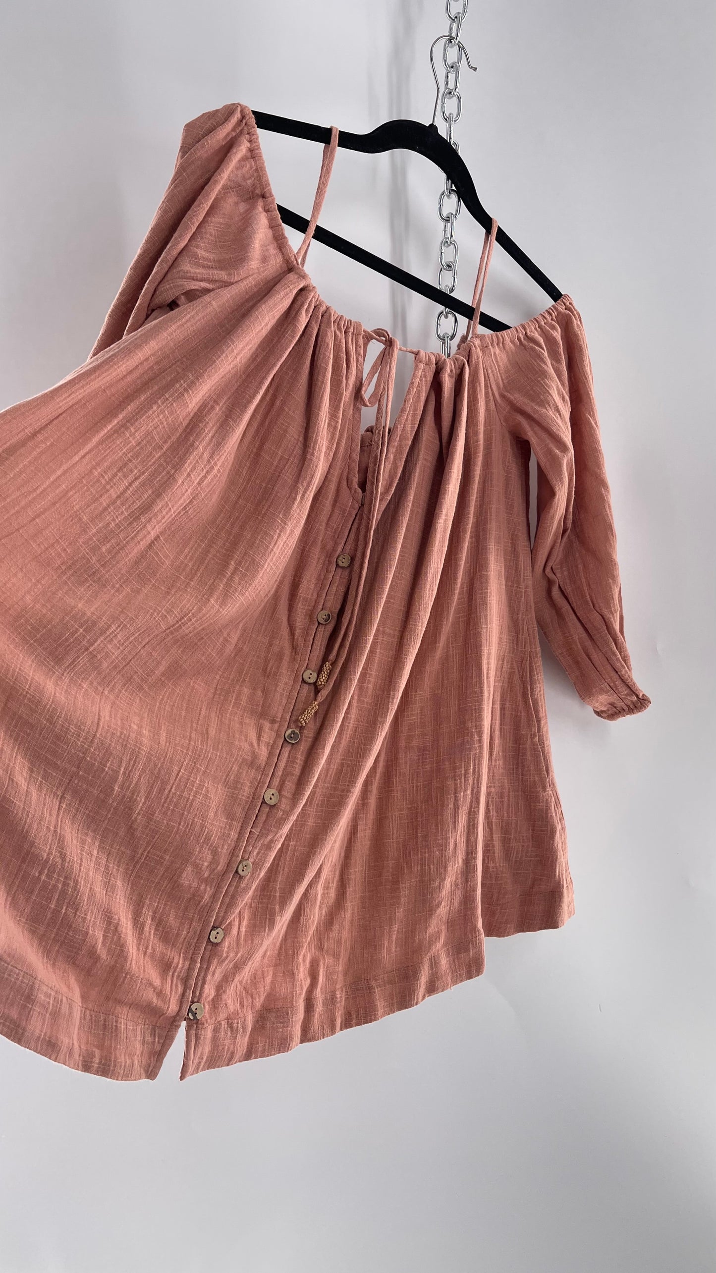 Free People Peachy Pink Coral Off the Shoulder 100% Cotton Voluminous Button Front Blouse (Small)