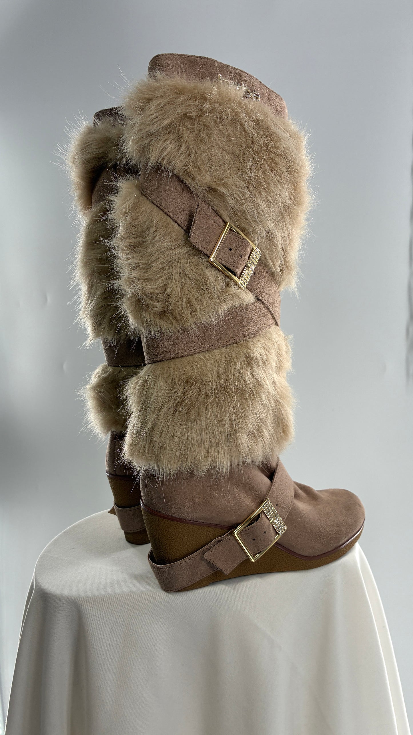 Vintage BEBE Wedge Heel Knee High Vegan Fur, Strappy Boots (6)