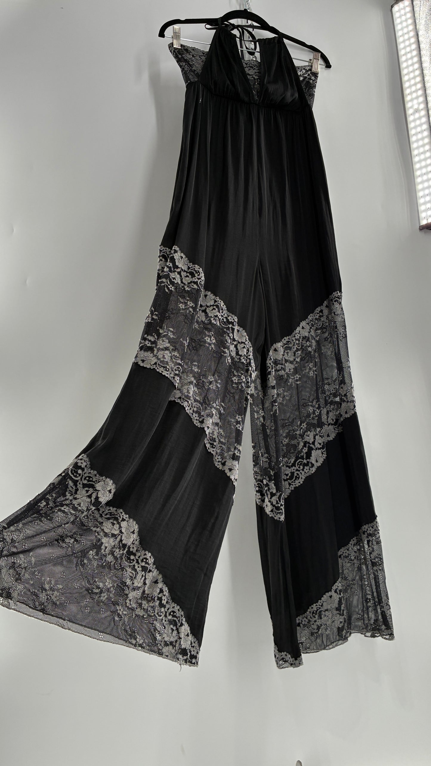 Free People Silky Black Jumpsuit with Grey Lace Paneling and Bandeau (S)