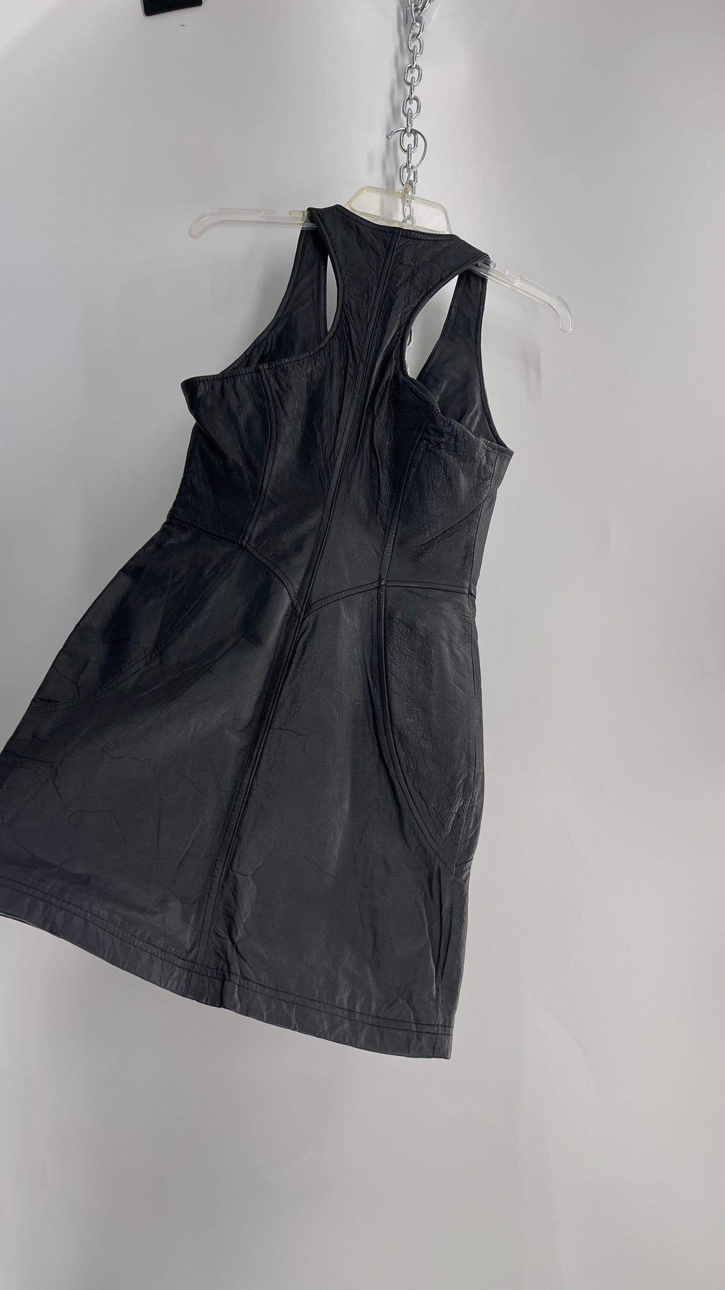 Vintage 1980s VERDUCCI Black Leather Zip Front Mini Dress (Small)