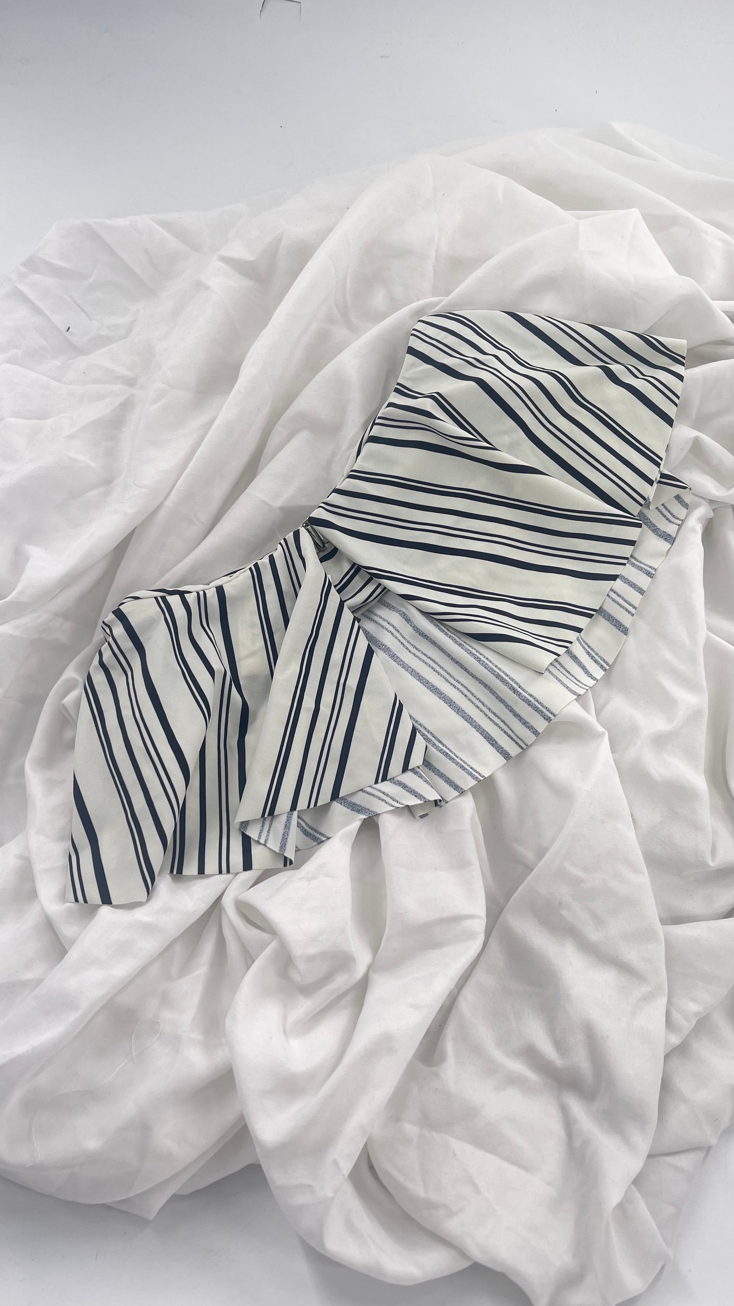 Anthropologie Citrine Made in Bali White/Black Striped Bandeau Swim Top with Ruffle (Small)
