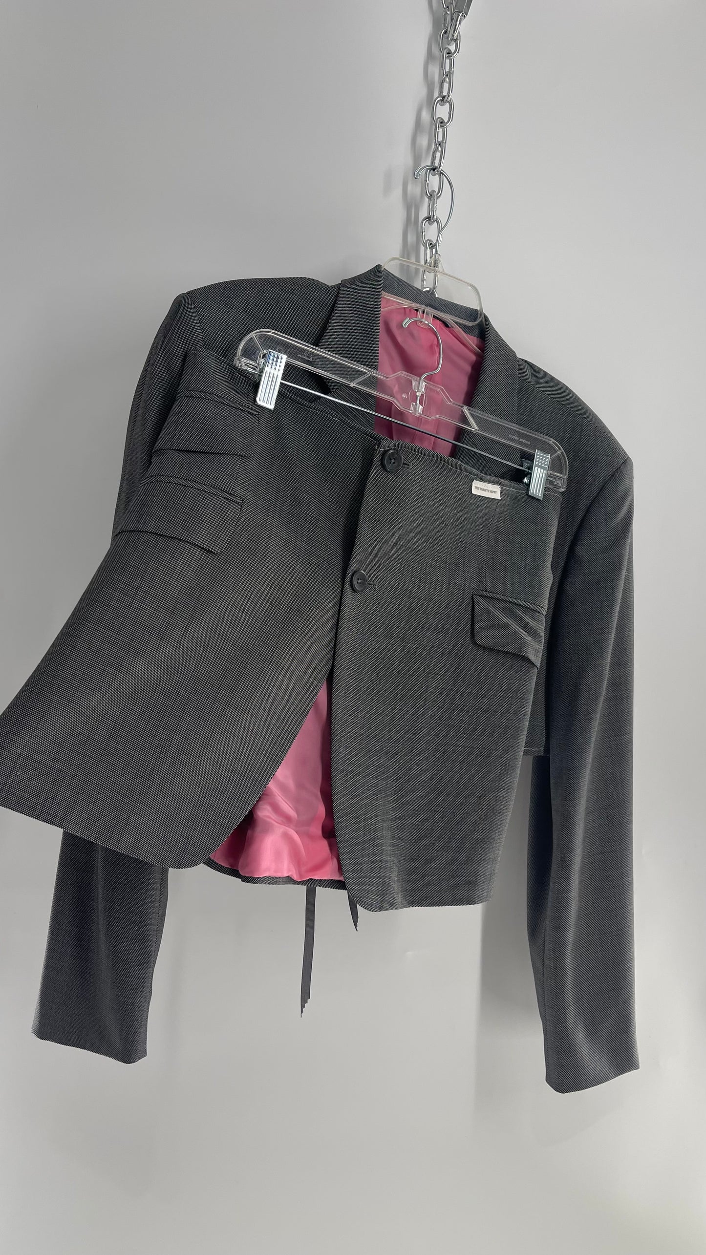 Custom Handmade Gray 2Piece Suit Set with Pink Satin Lining, Cropped Blazer, and Corseted Skirt (S-L)