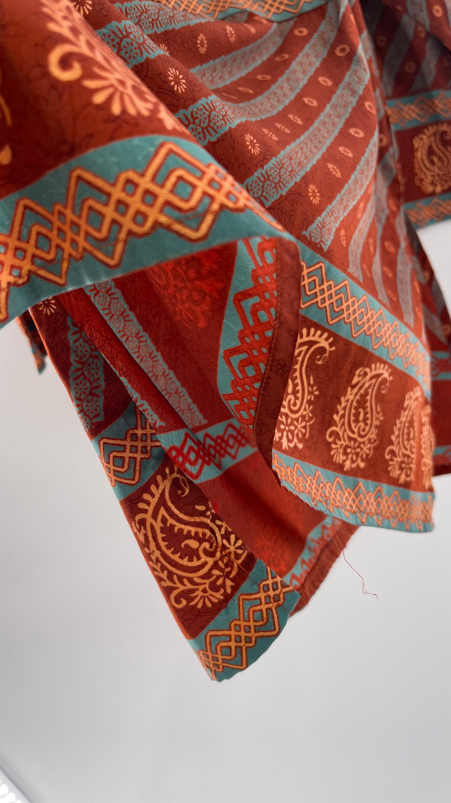 Vintage 1970s Indian 100% Silk Tunic Burnt Orange, Teal and Gold (40)