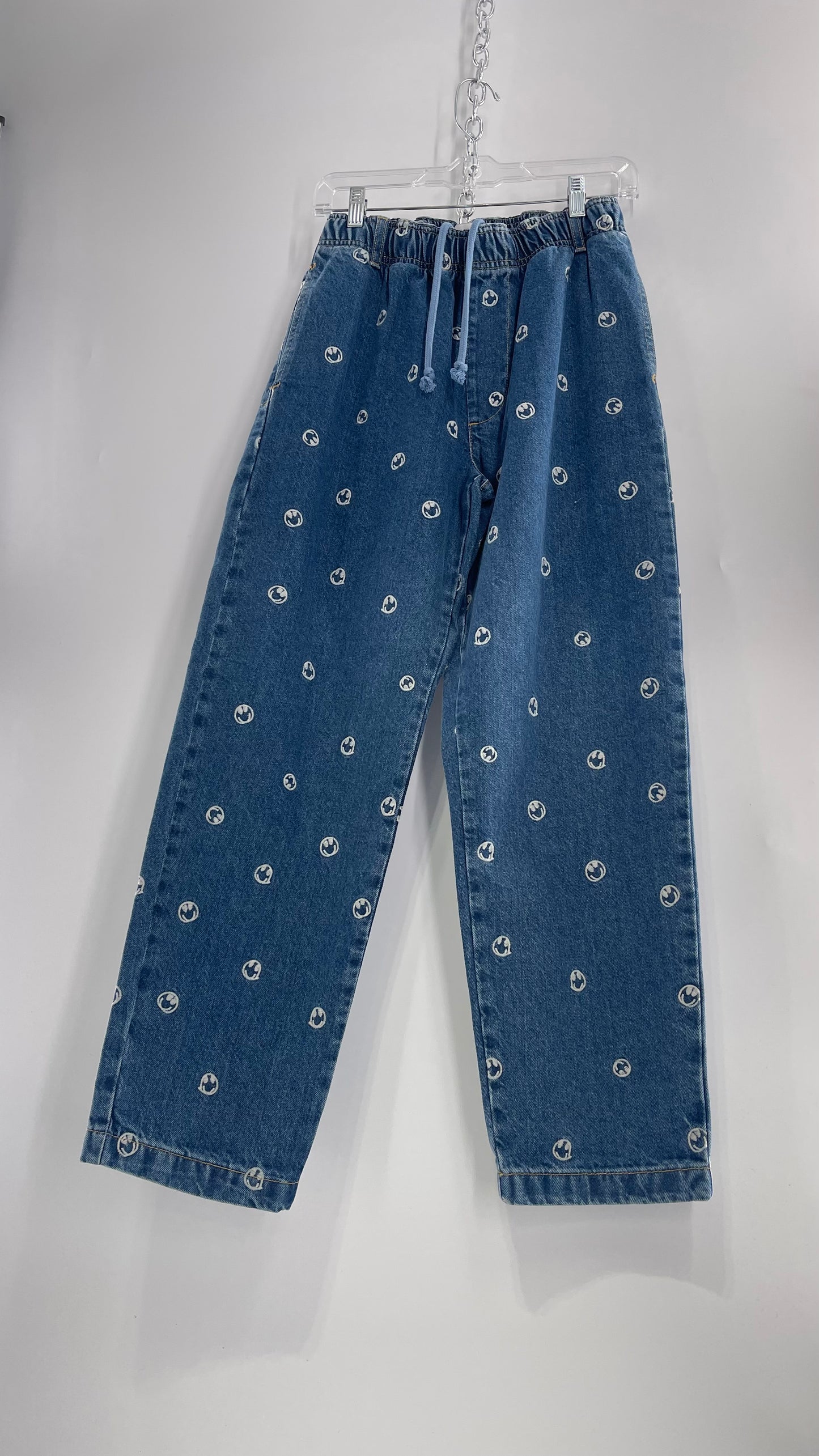 BDG Smiley Face Embroidered Baggy Wide Leg Medium Wash Jeans (Small)