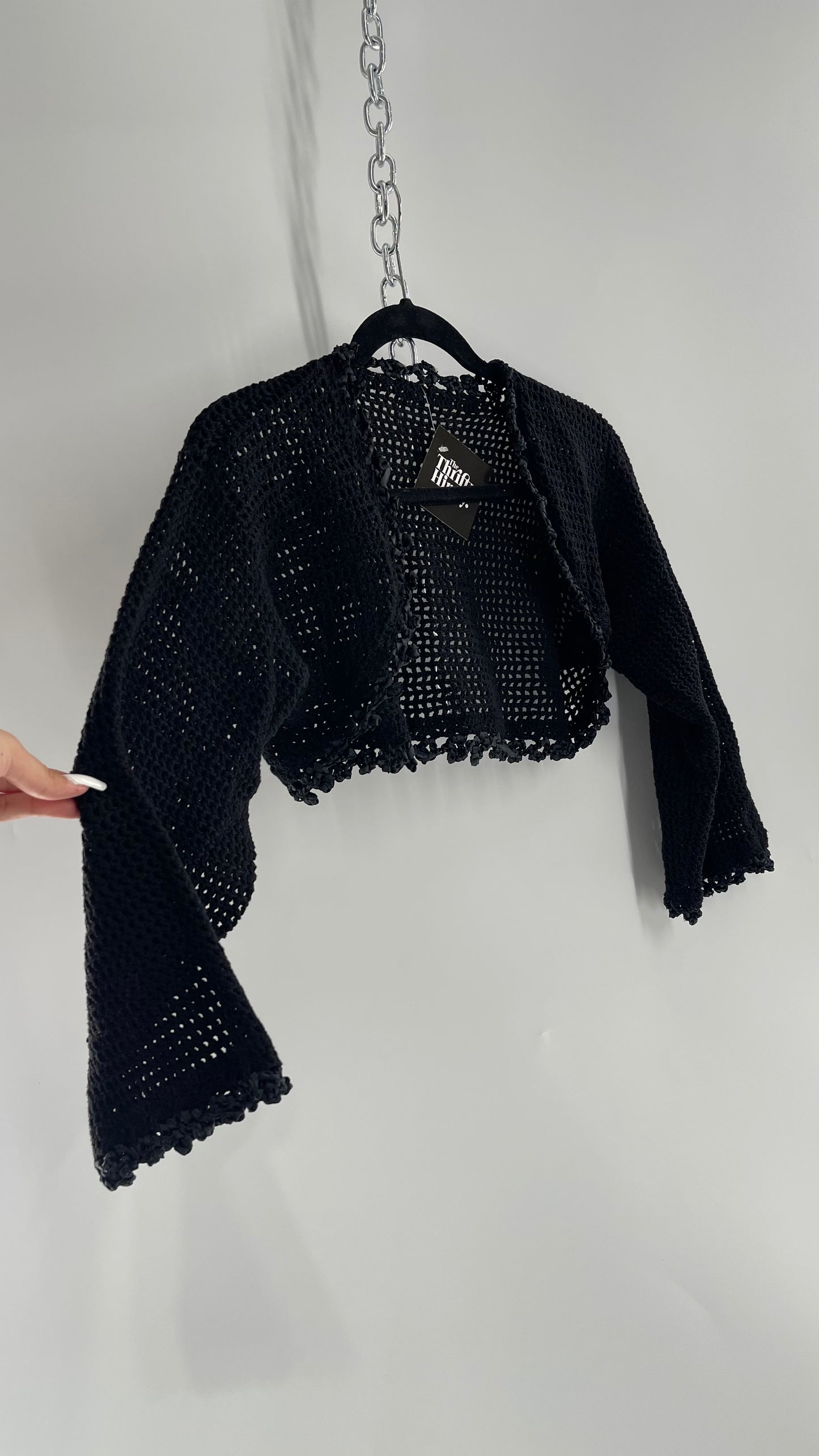 Vintage Black Hand Knit Crochet Shrug with Ribbon Detailing (Medium)