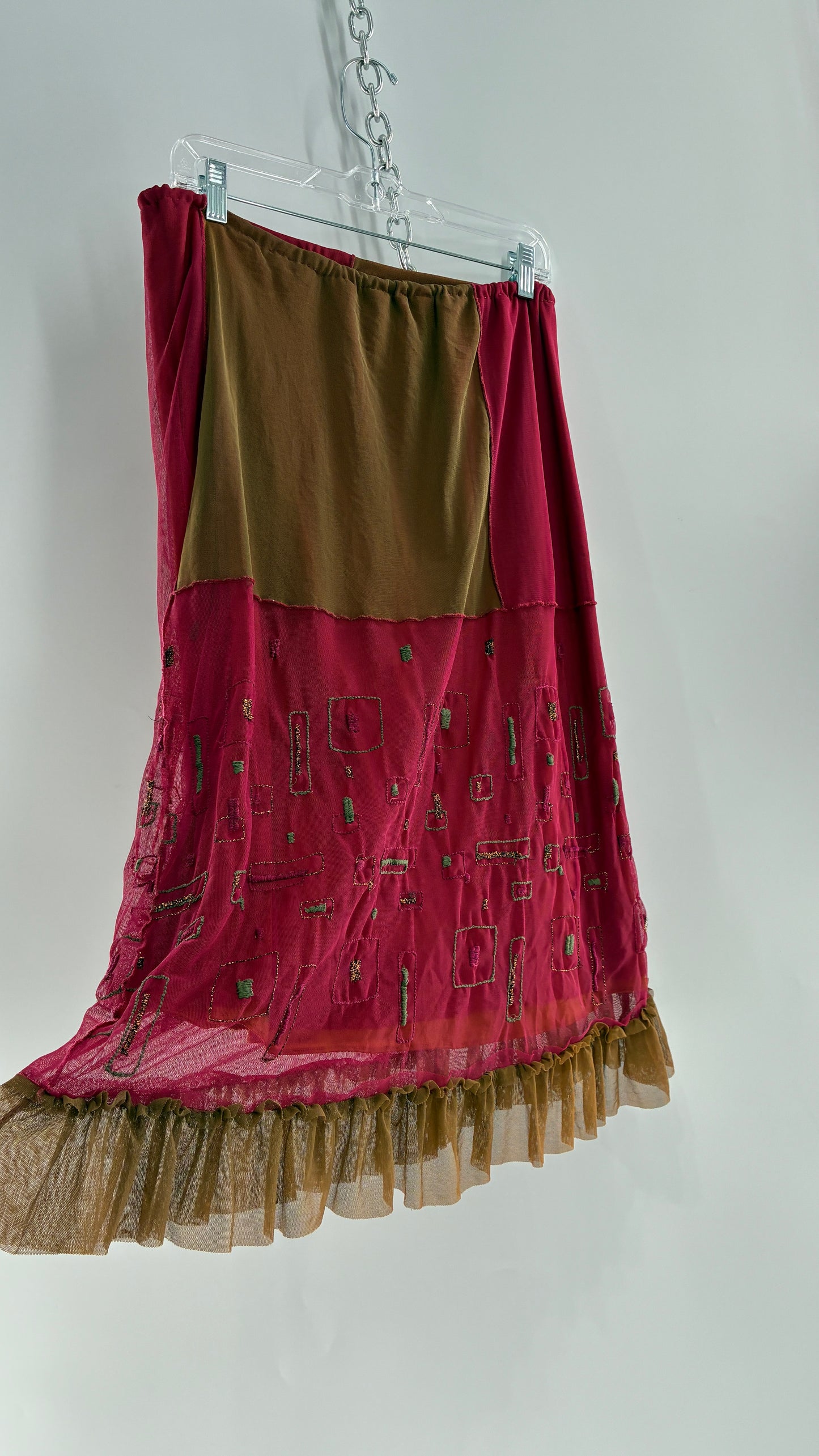 Vintage LILLI ROSE Fuchsia Exposed Stitch Midi Skirt with Embroidered Details (S/M)