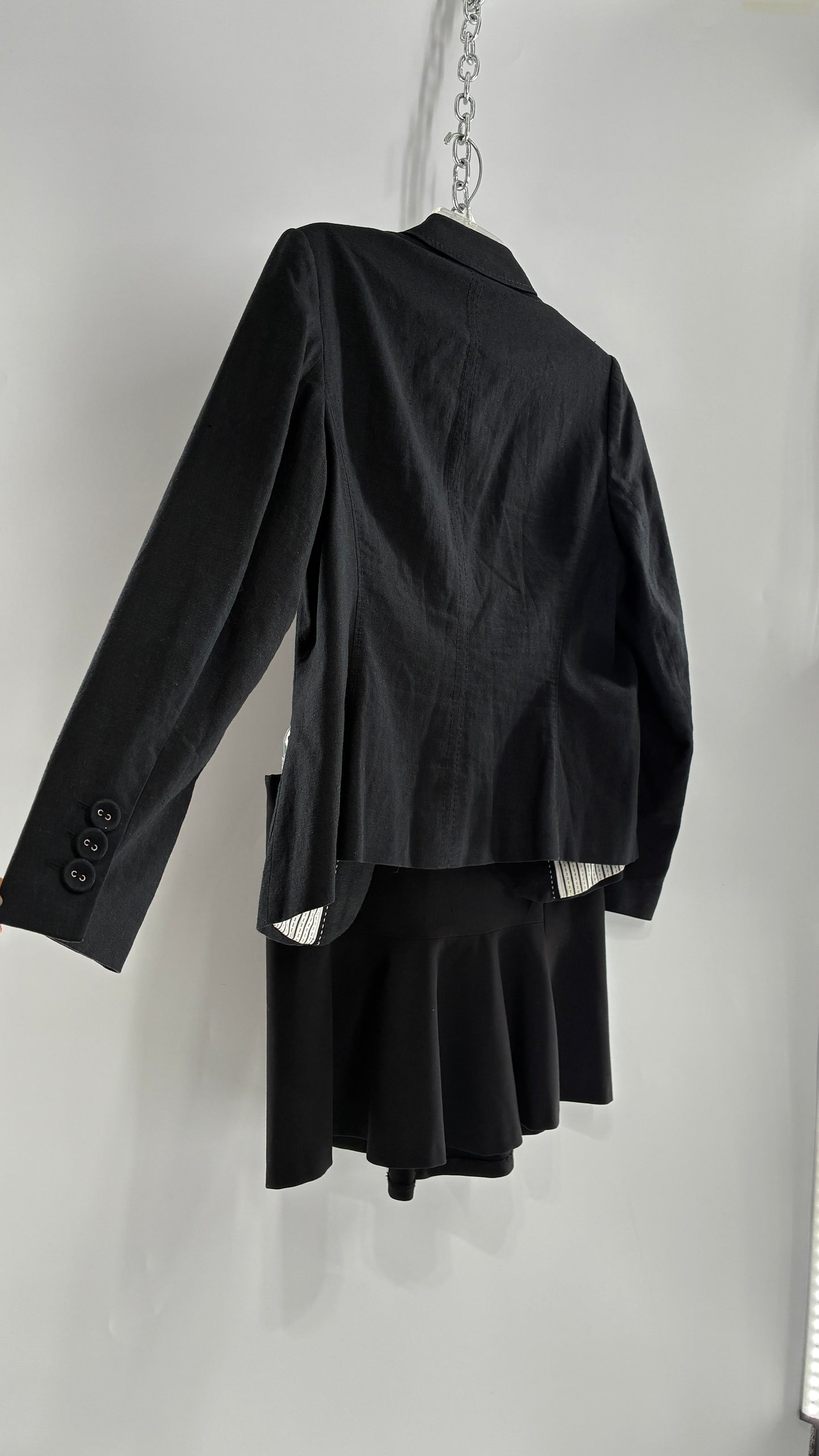 Vintage MARKS & SPENCER Suit Set with Black Linen Blend Blazer and Upcycled Mini Skirt with Corset Backing (14/M)