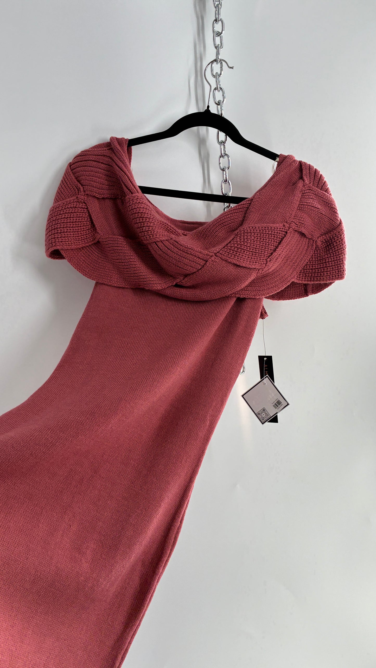 Vintage ALMOST FAMOUS Rosy Mauve Knit Dress with Woven Braided Off the Shoulder Detail and Tags Attached (Large)