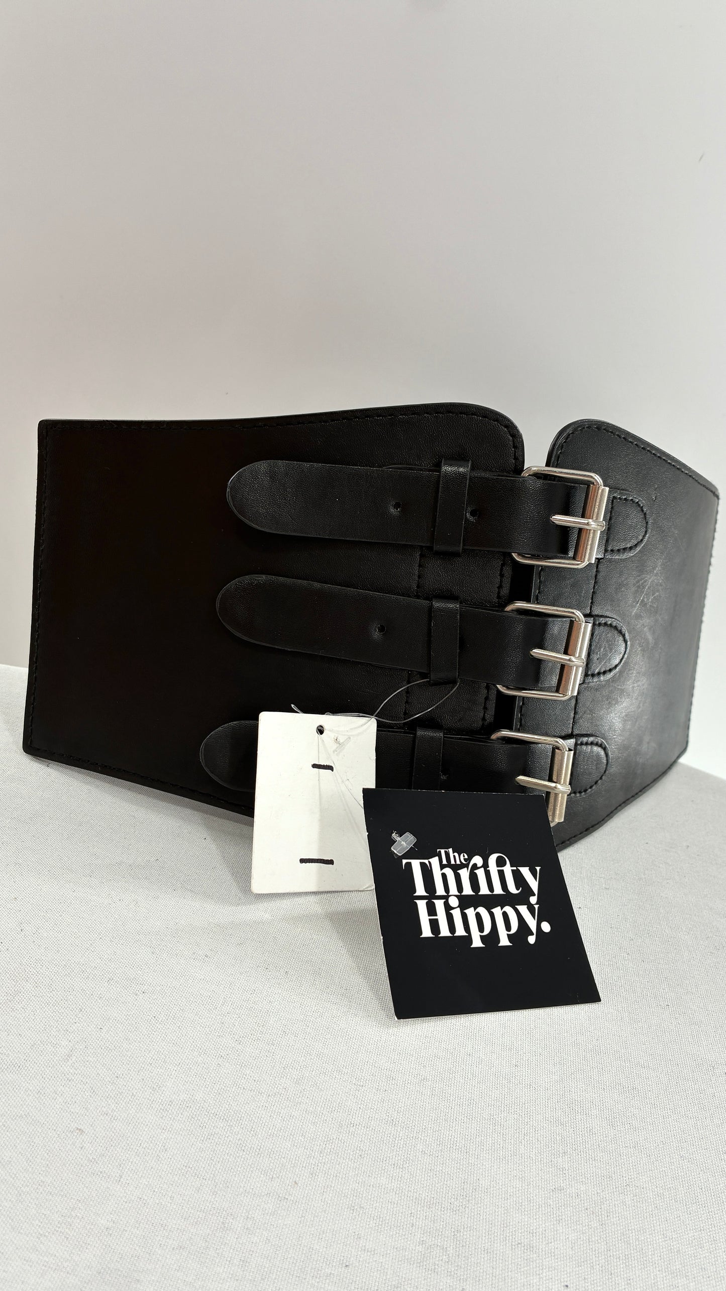Urban Outfitters Black Corset Belt with Many Buckles and Tags Attached (One Size)
