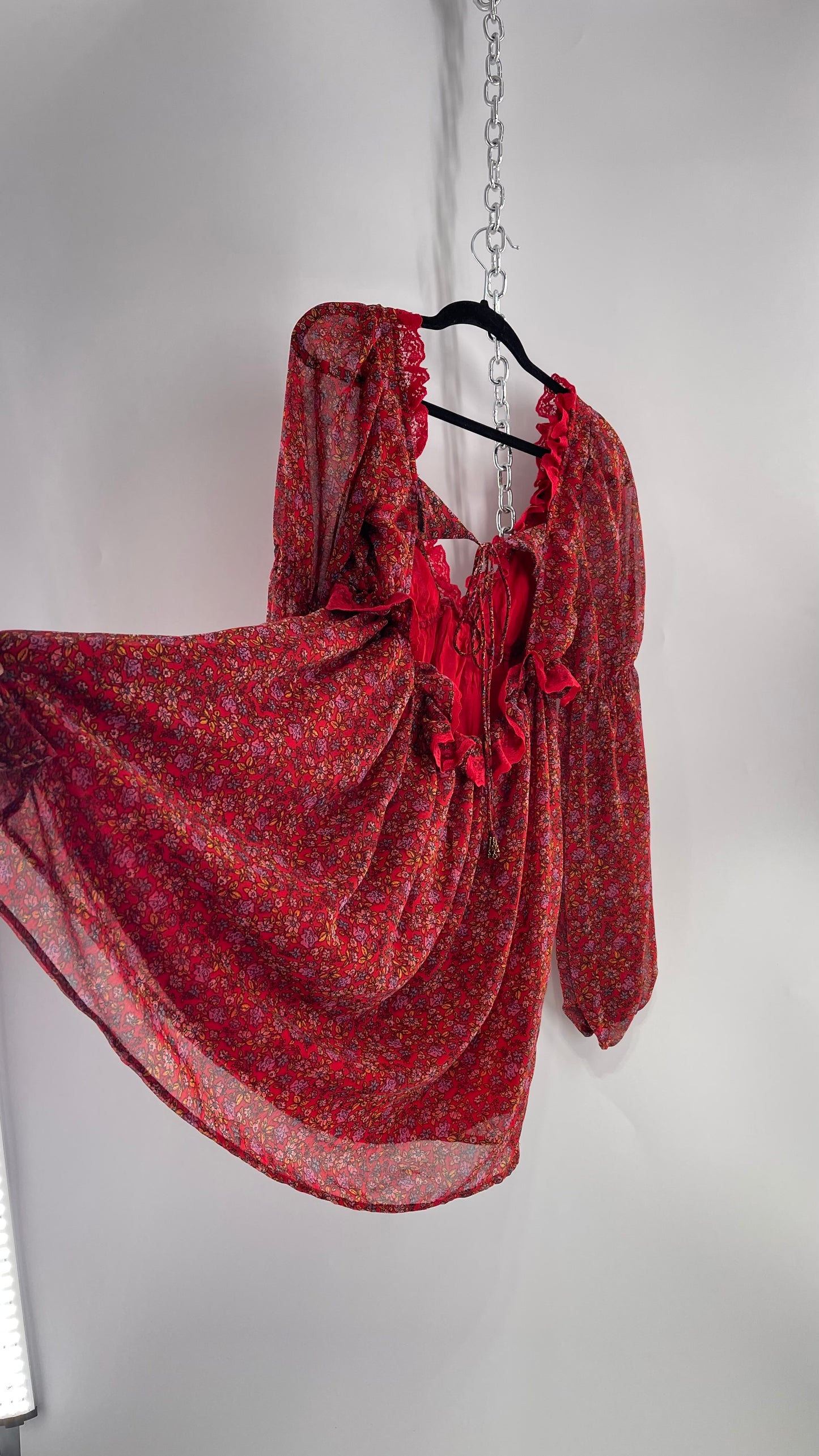 Free People Red Floral Mini Dress with Lace Trim, Open Back and Balloon Sleeves (Small)