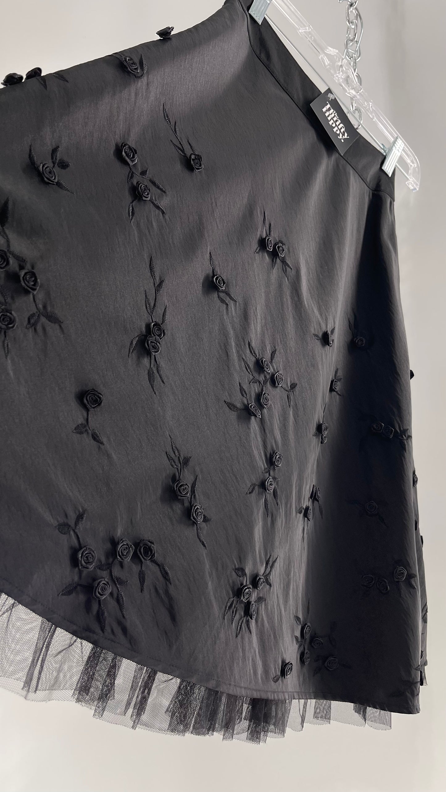 Vintage Josephine Chaus Petite Black Skirt with Rosettes and Mesh Underlay (6P)