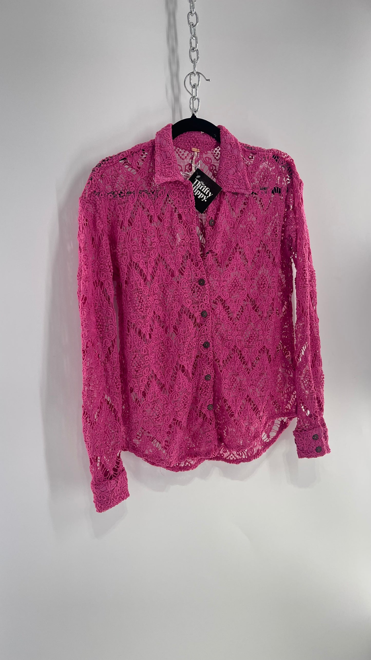 Free People Until Sunday Fuchsia Purple/ Pink Thick Lace Button Front Blouse with Coconut Buttons (XS)