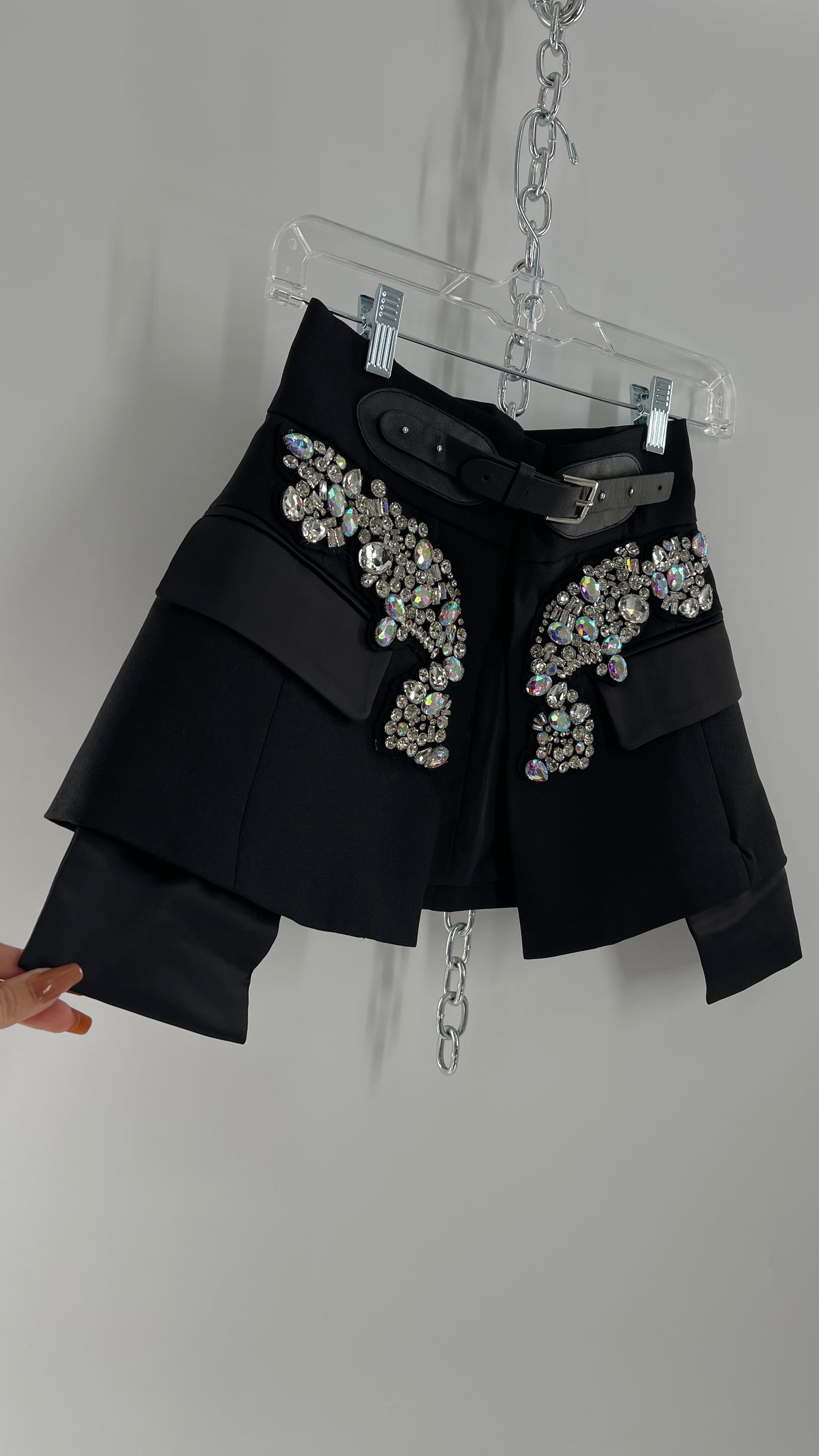 Black Skirt Belt Covered in Crystal Embellishments with Satin Flap Pockets (Medium)