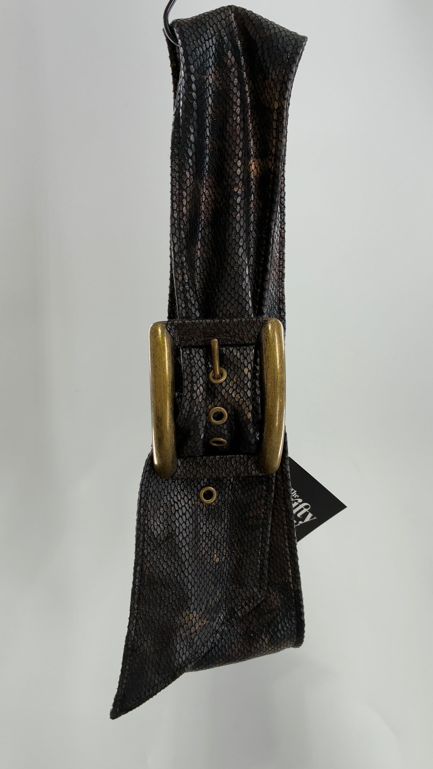 Vintage Snake Skin Patterned Wide Belt with Gold Brass Oversized Buckle (Large)