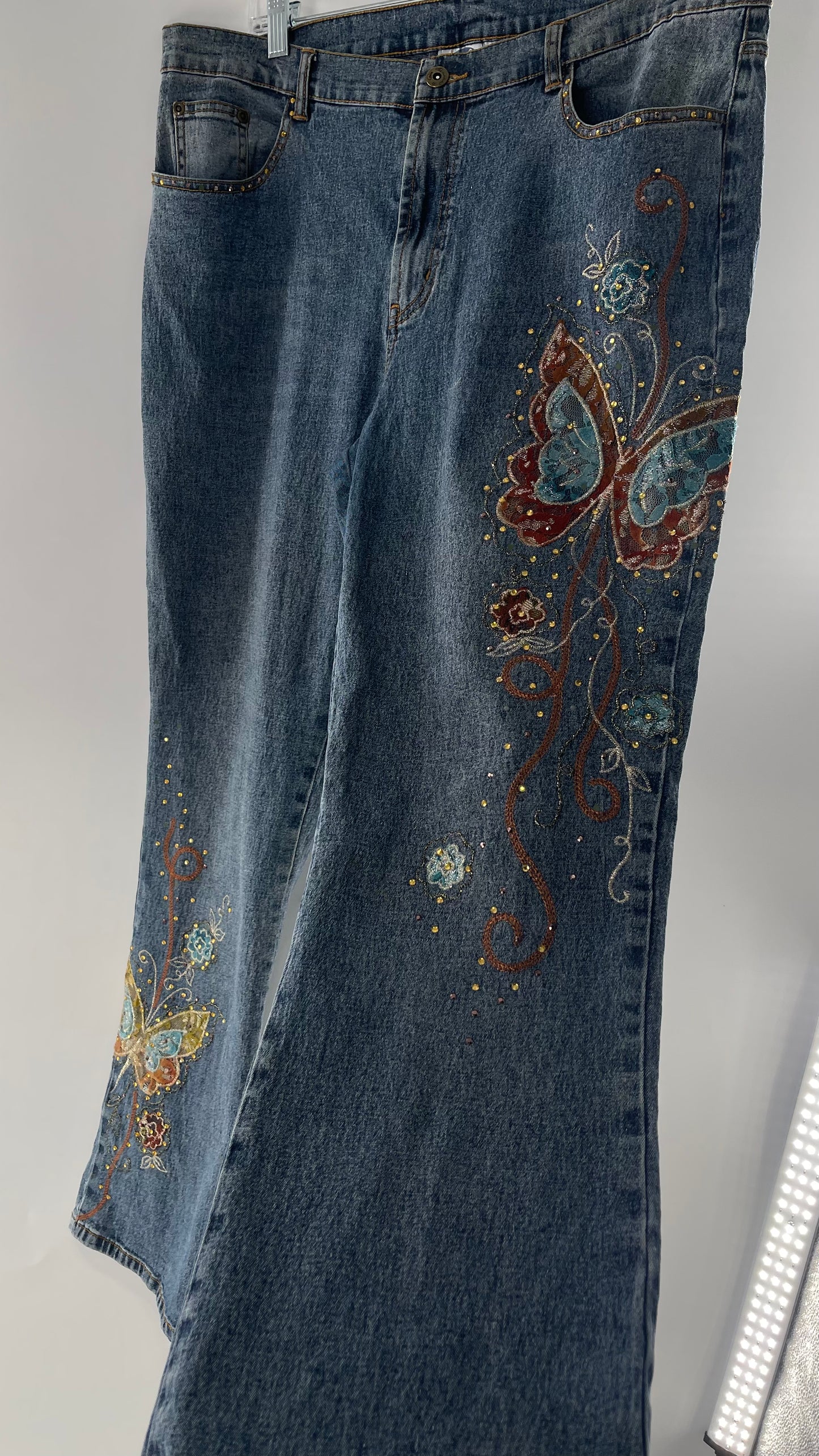 Vintage Diane Gilman Kickflare Denim with Embroidered Butterfly Motifs (14)