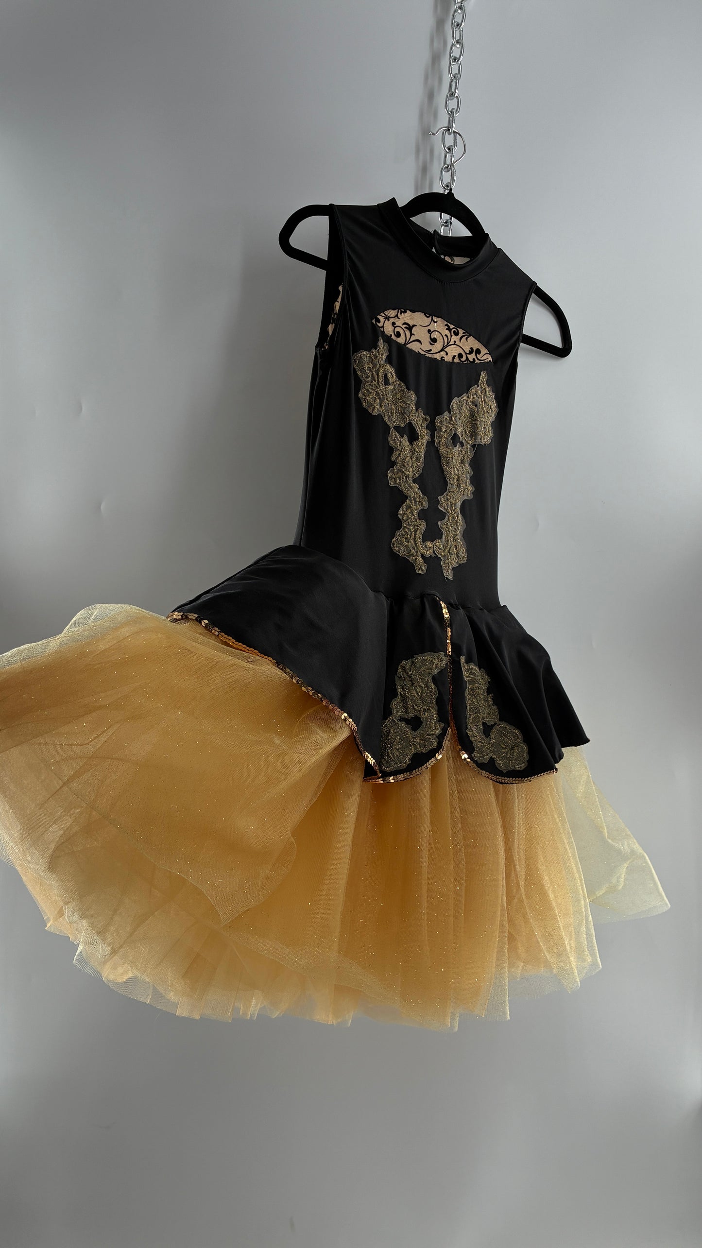 Costume Dancewear Mini Dress with Full Tulle Skirt, and Lace Appliqués (Medium Adult)