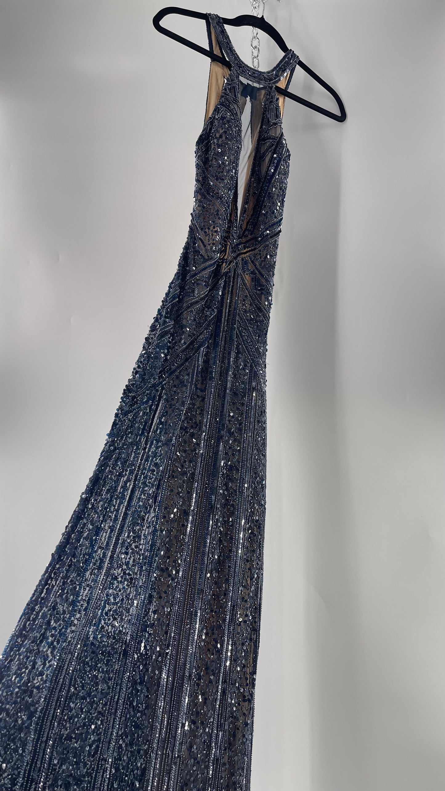 Vintage SCALA Navy Blue Beaded Floor Length Gown with Plunging Neckline, Backless Detail, and Tan Underlay (C)(4)