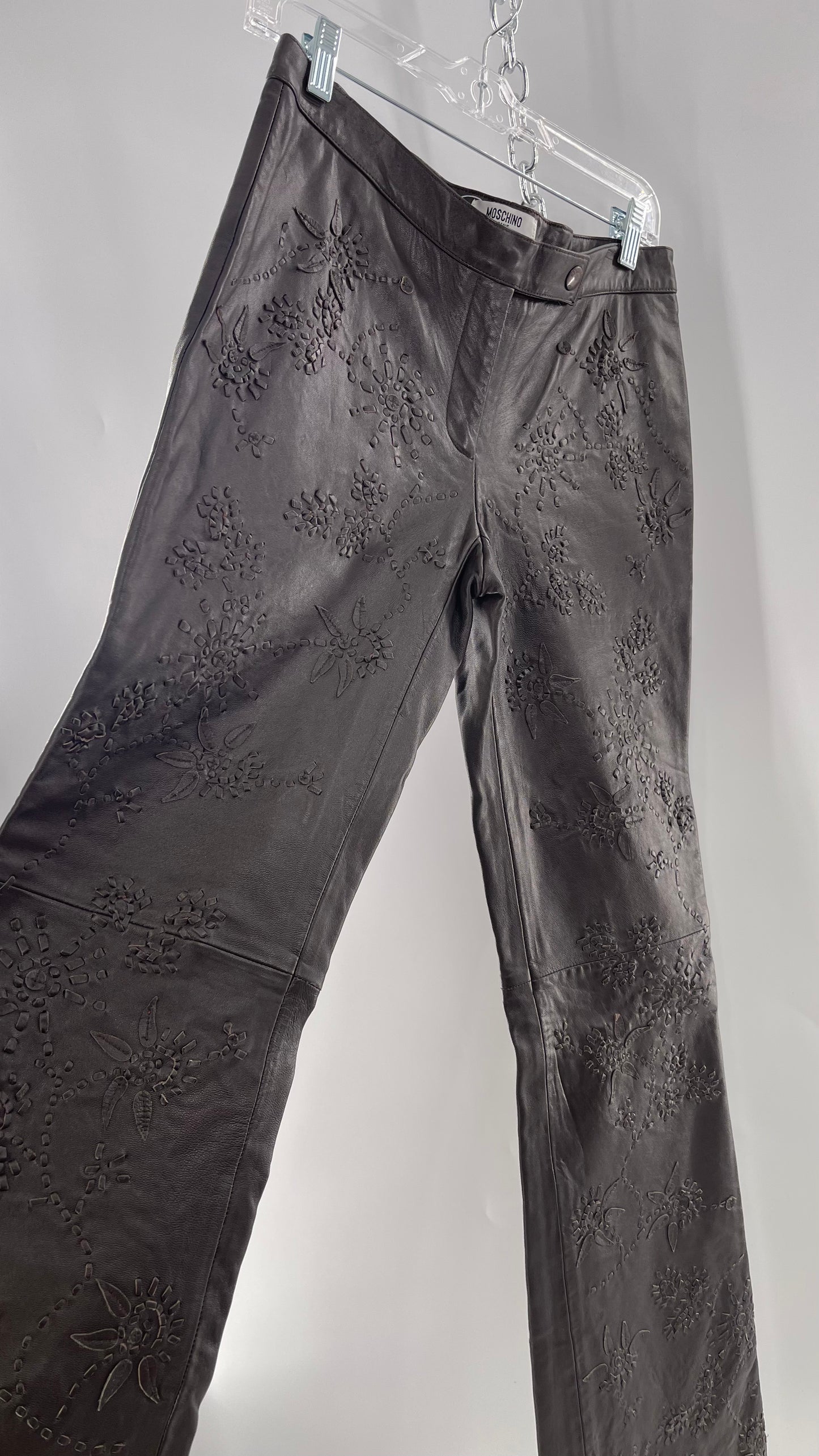 Moschino Brown Leather Embroidered Pants (10) ***WITH TAGS***