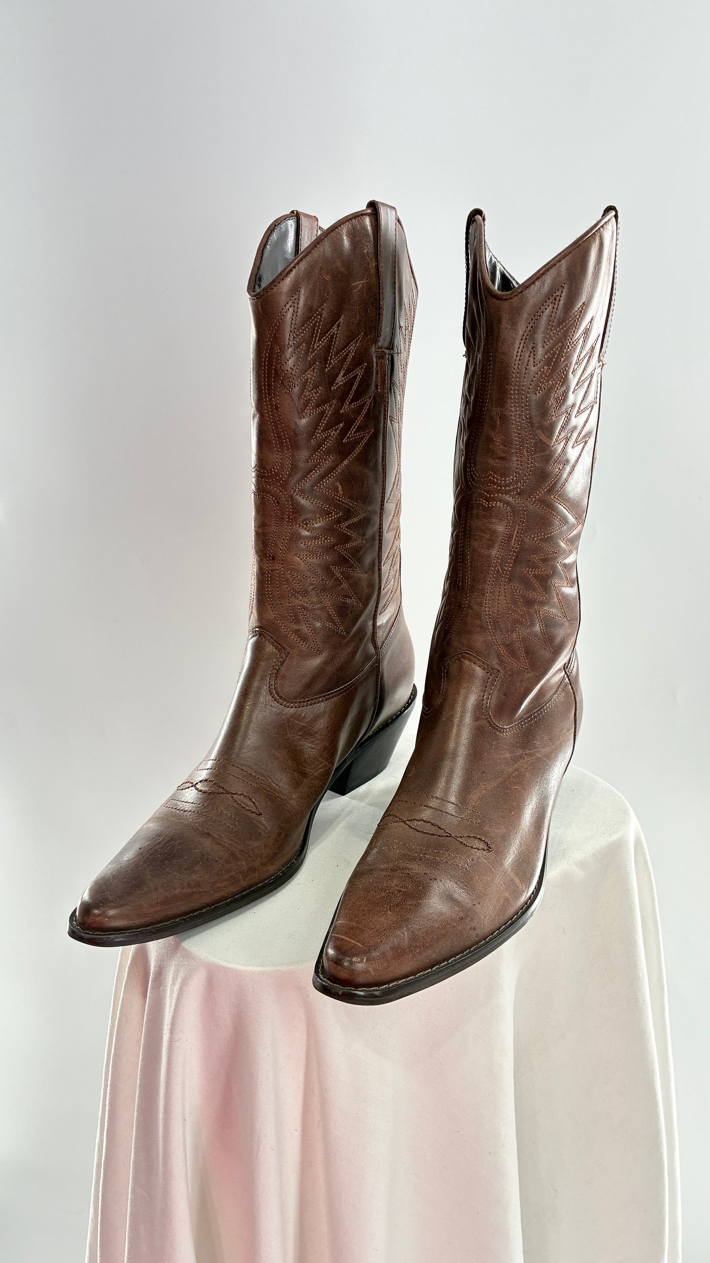 Vintage Genuine Leather Brown Cowboy Boots Made in Brazil (9.5)