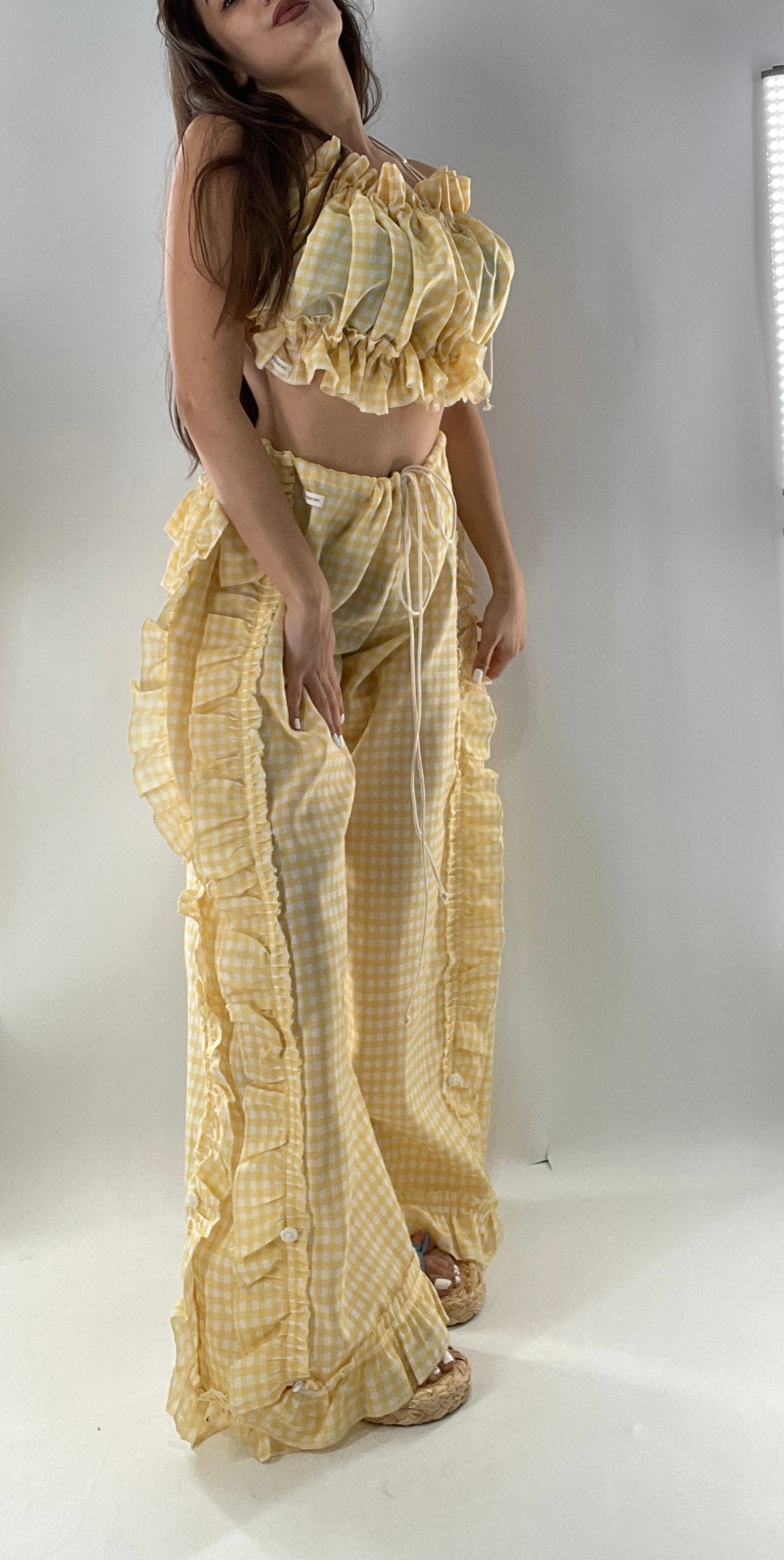Vintage 2 Piece Yellow Checkered/Gingham Patterned Picnic Set with Ruched Bust Top and Ruffle Side Wide Legs with Adjustable Length, Strap Up Buttons on Hem (One Size)