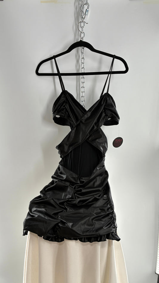 Deadstock Vintage HOT MIAMI STYLES Black Mini Dress with Ruffled Hem, Cut Out Design, and Ruched Body (Large)