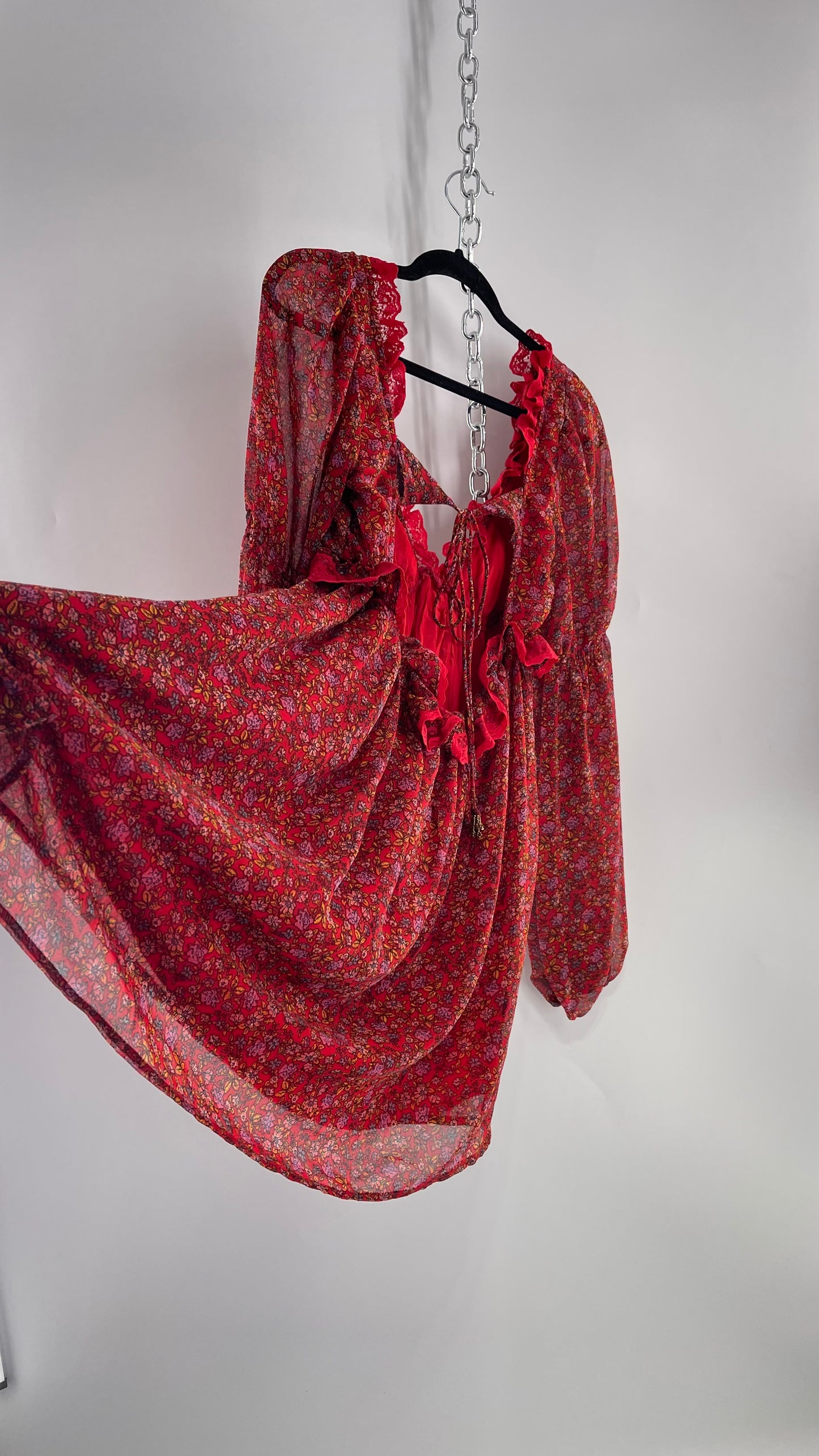 Free People Red Floral Mini Dress with Lace Trim, Open Back and Balloon Sleeves (Small)