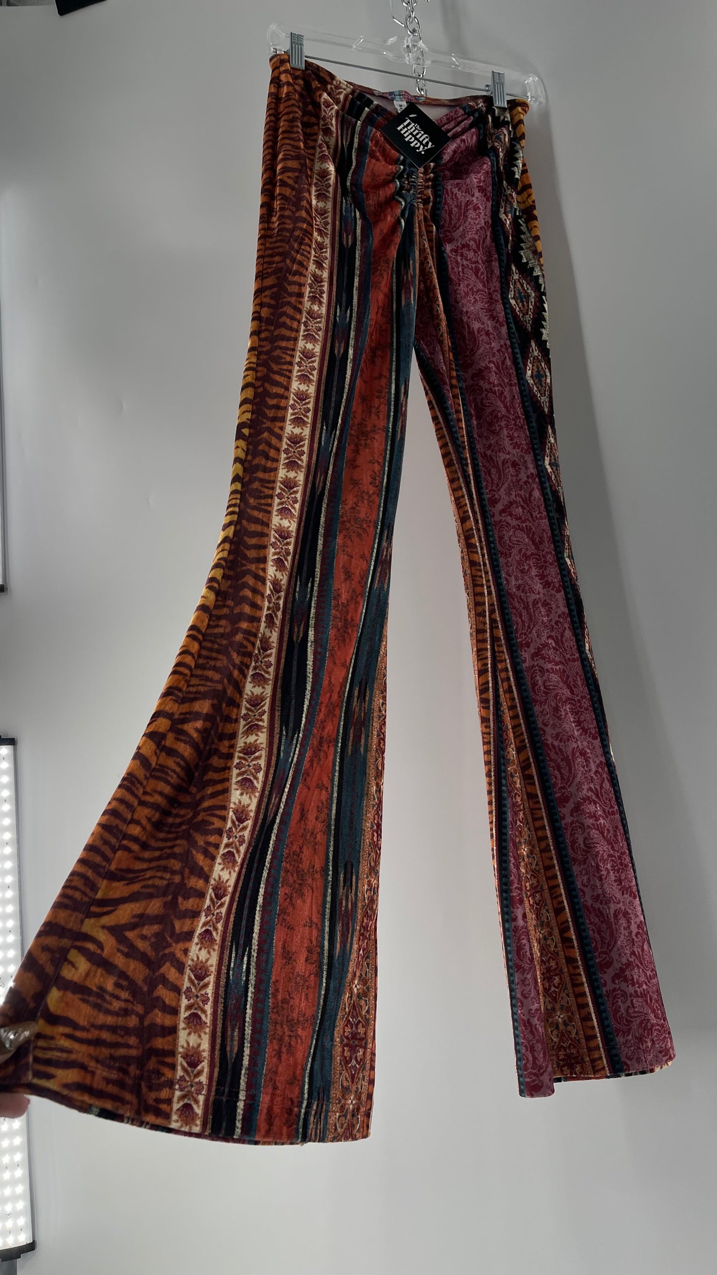 Urban Outfitters Velvet Scrunch Front Maroon Mixed Pattern Flared Bell Bottoms (Medium)