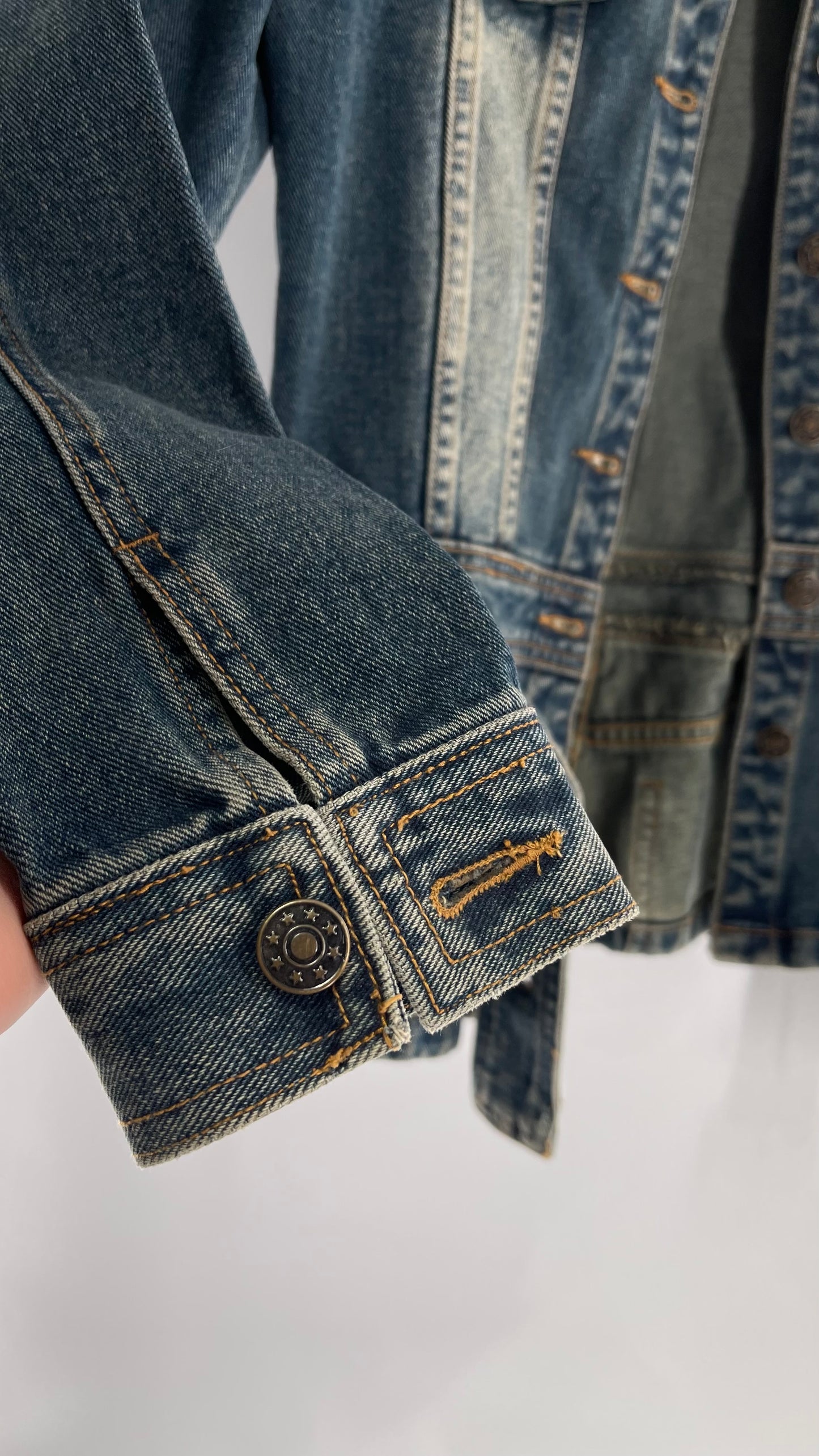 Vintage Madame Denim Culture Medium Wash Fade Jacket with Waist Belt and Back Pocket Details (Medium)