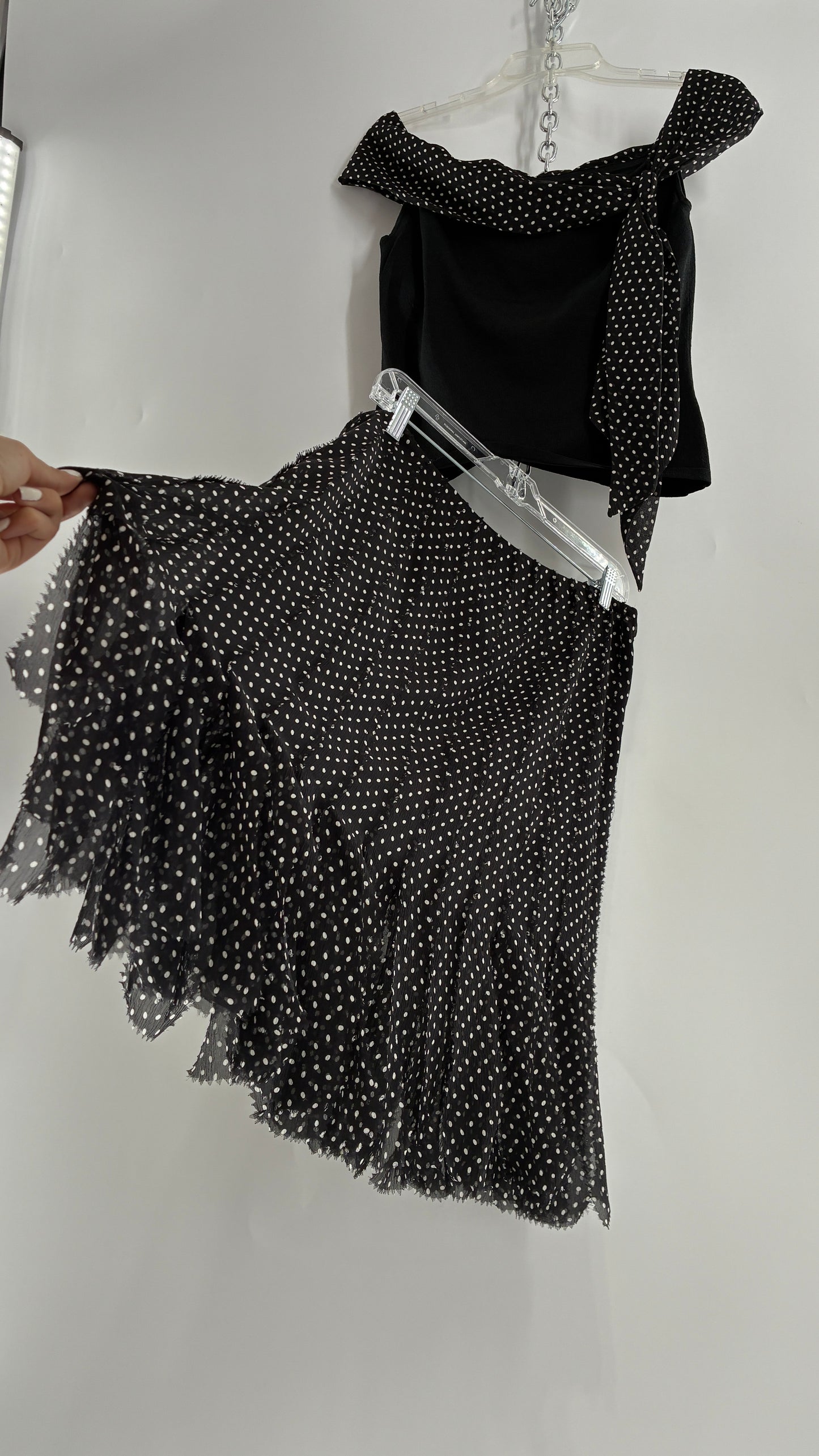 Vintage DANA BUCHMAN 100% Silk Polka Dotted Fringe Skirt and Off the Shoulder Top (Medium)