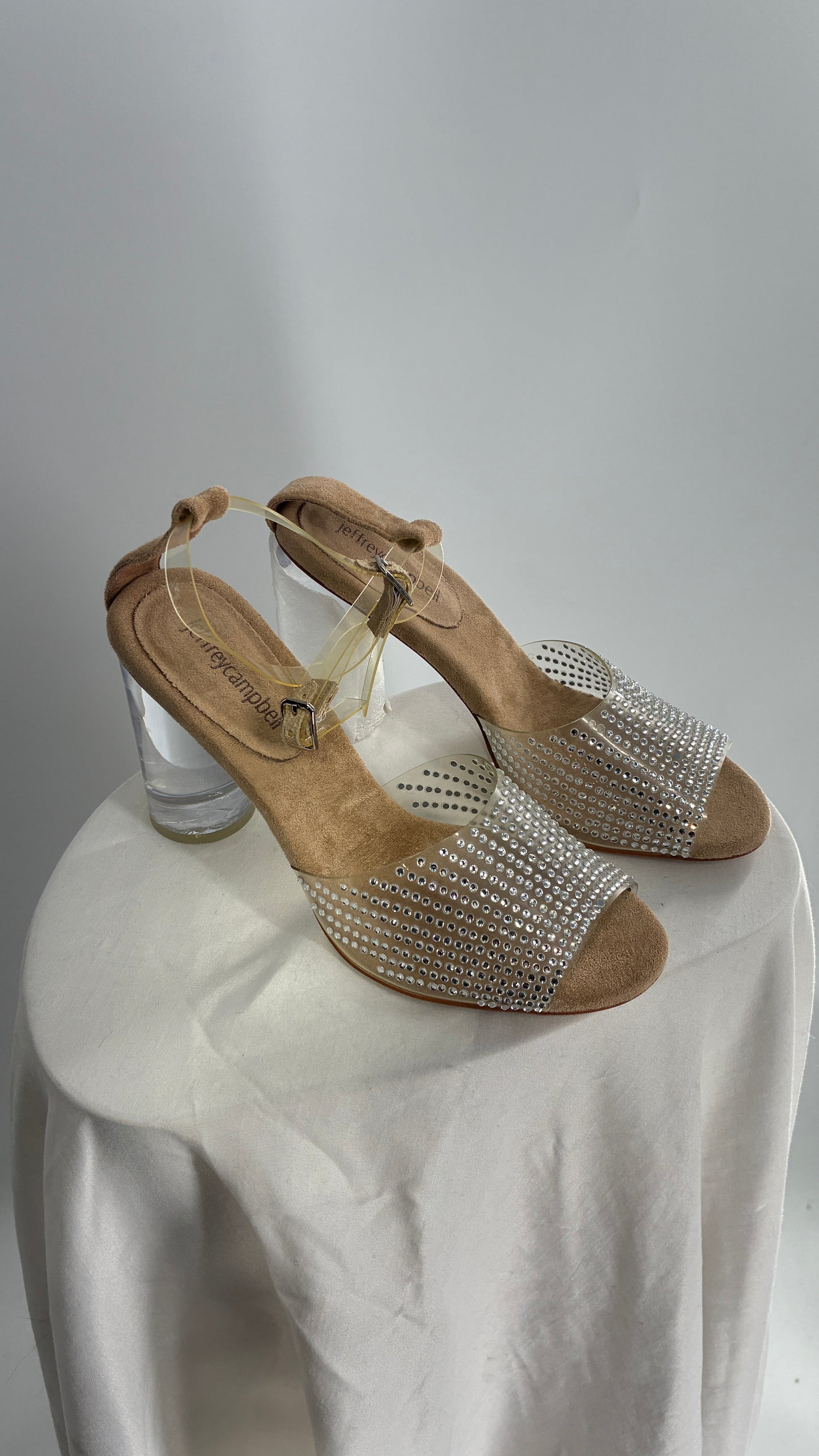 JEFFREY CAMPBELL Lucite Heel Suede Sole, Clear Strap Rhinestone Heel (8)