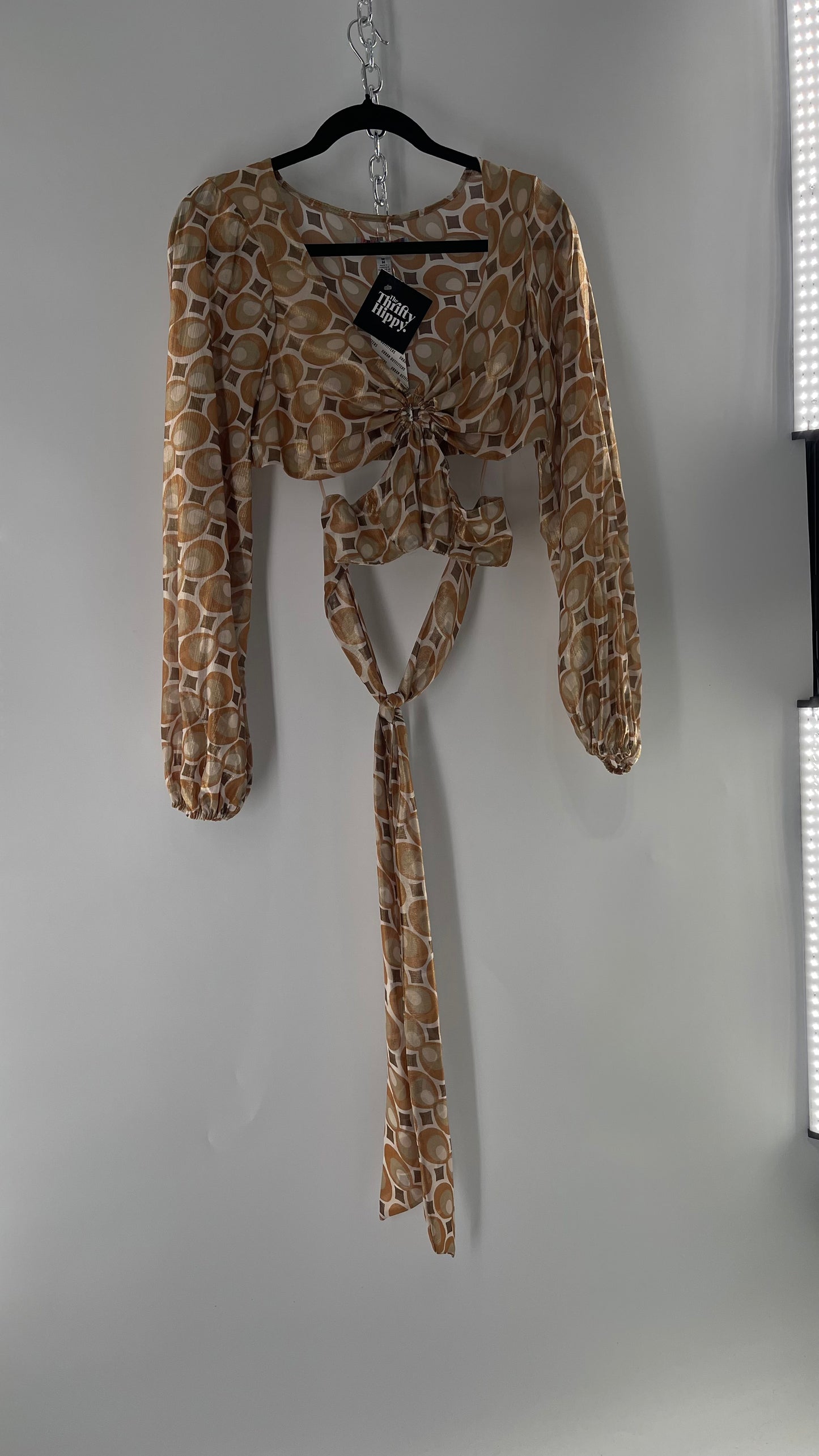 Urban Outfitters Shimmer Top Balloon Sleeve Gold Retro Print Cut Out Tie Around Blouse (Medium)